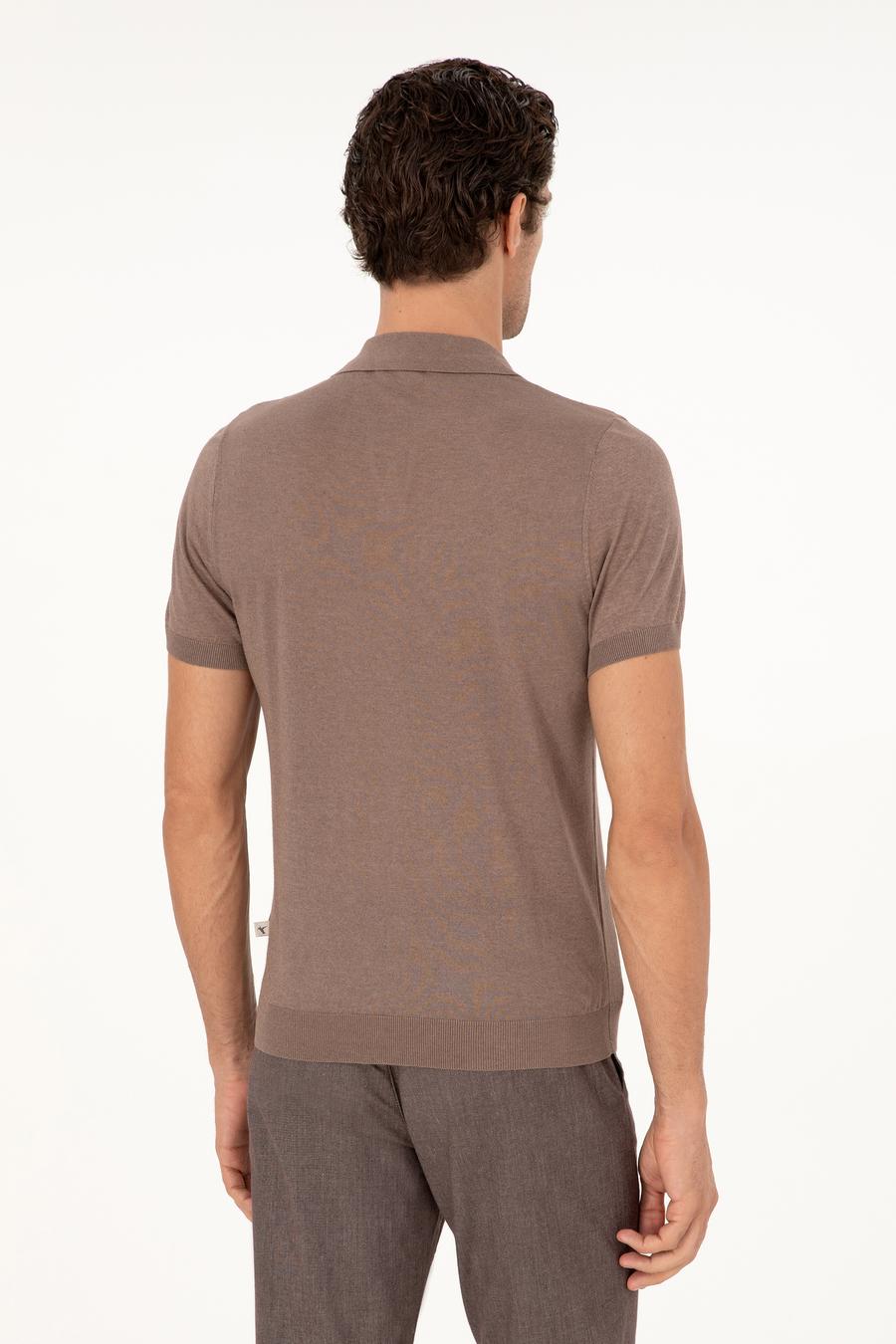 Vizon Slim Fit Keten Karışımlı Apaş Yaka Triko T-shirt - 50303284009