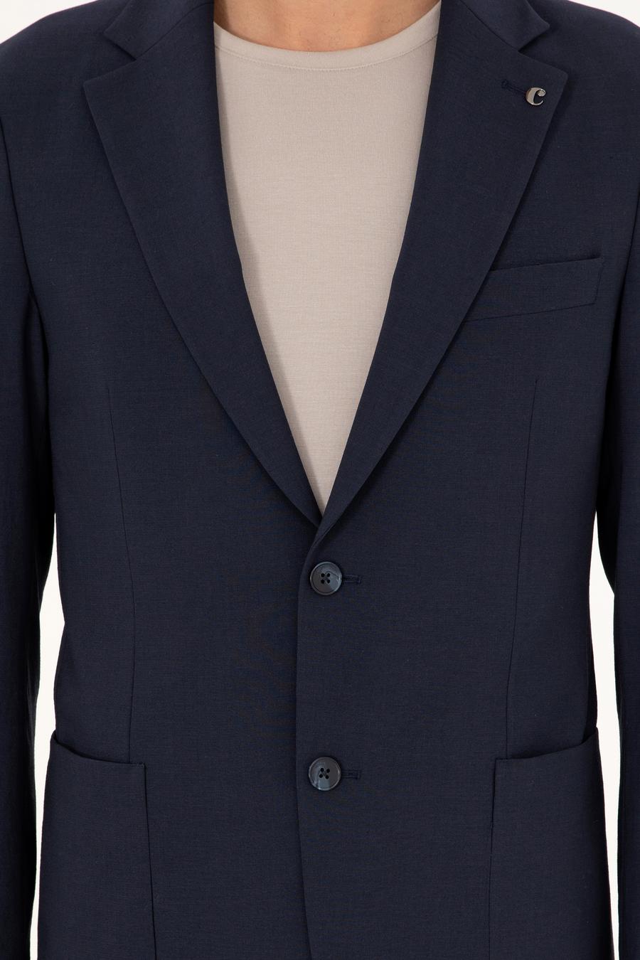 Koyu Lacivert Slim Fit Yün Karışımlı Takım Elbise - 50303386020