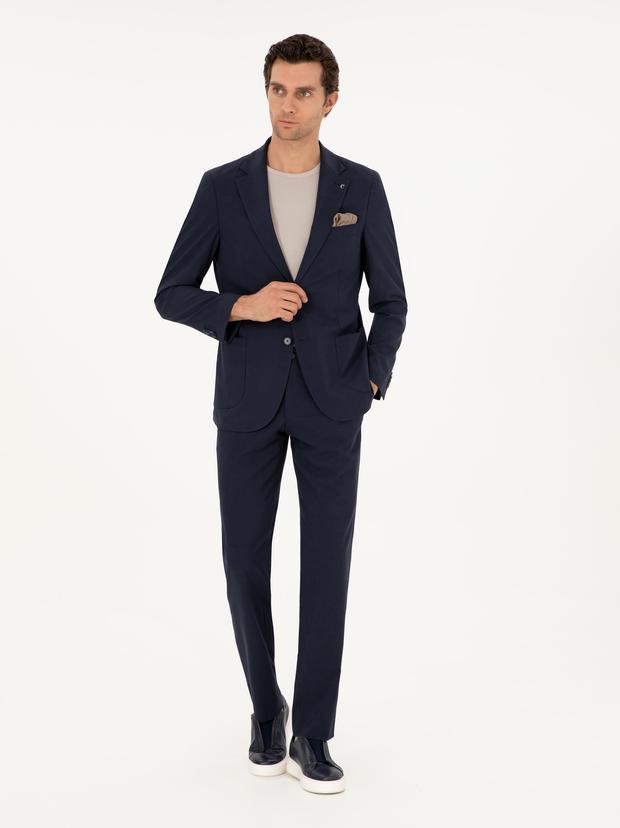 Koyu Lacivert Slim Fit Yün Karışımlı Takım Elbise