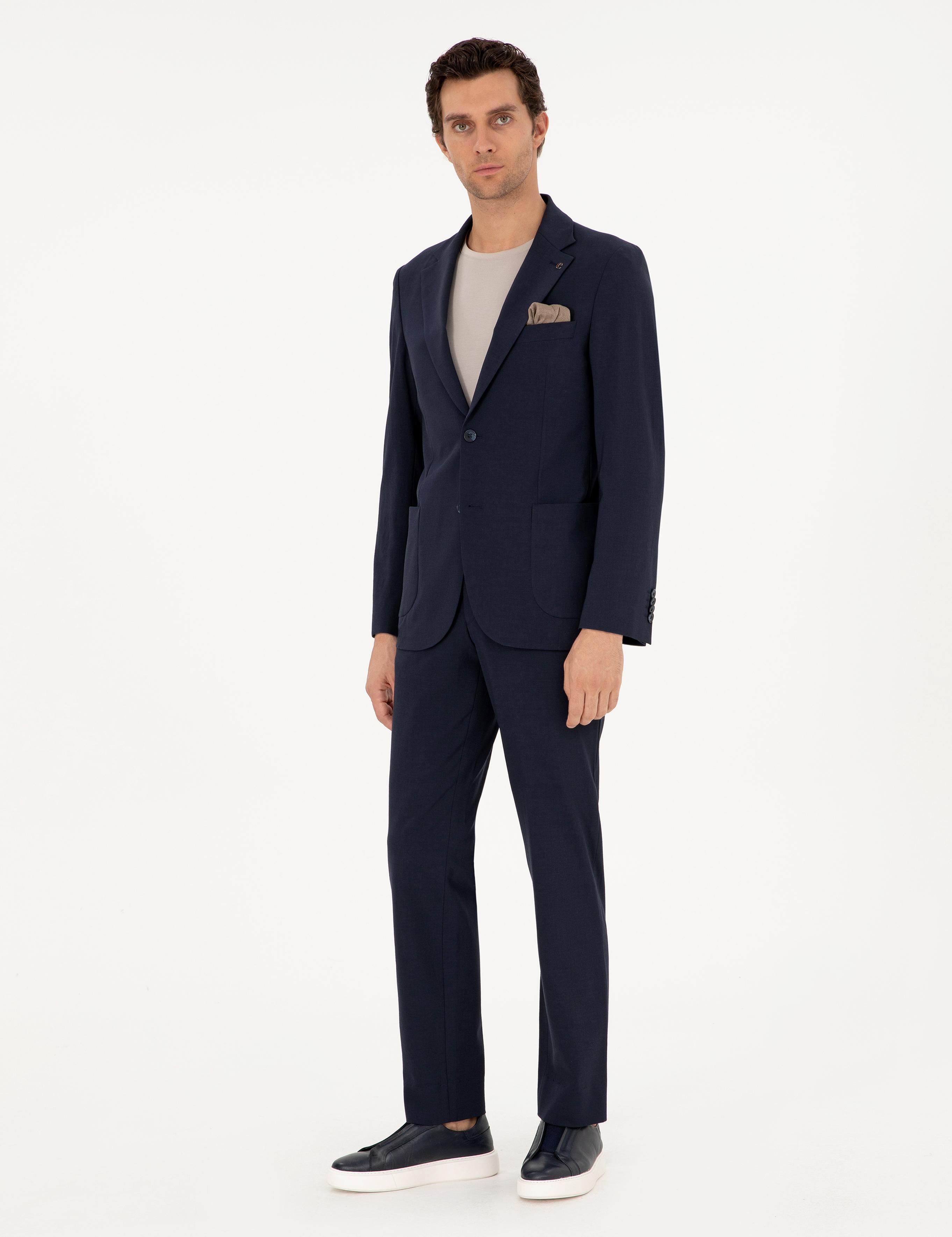 Koyu Lacivert Slim Fit Yün Karışımlı Takım Elbise - 50303386020