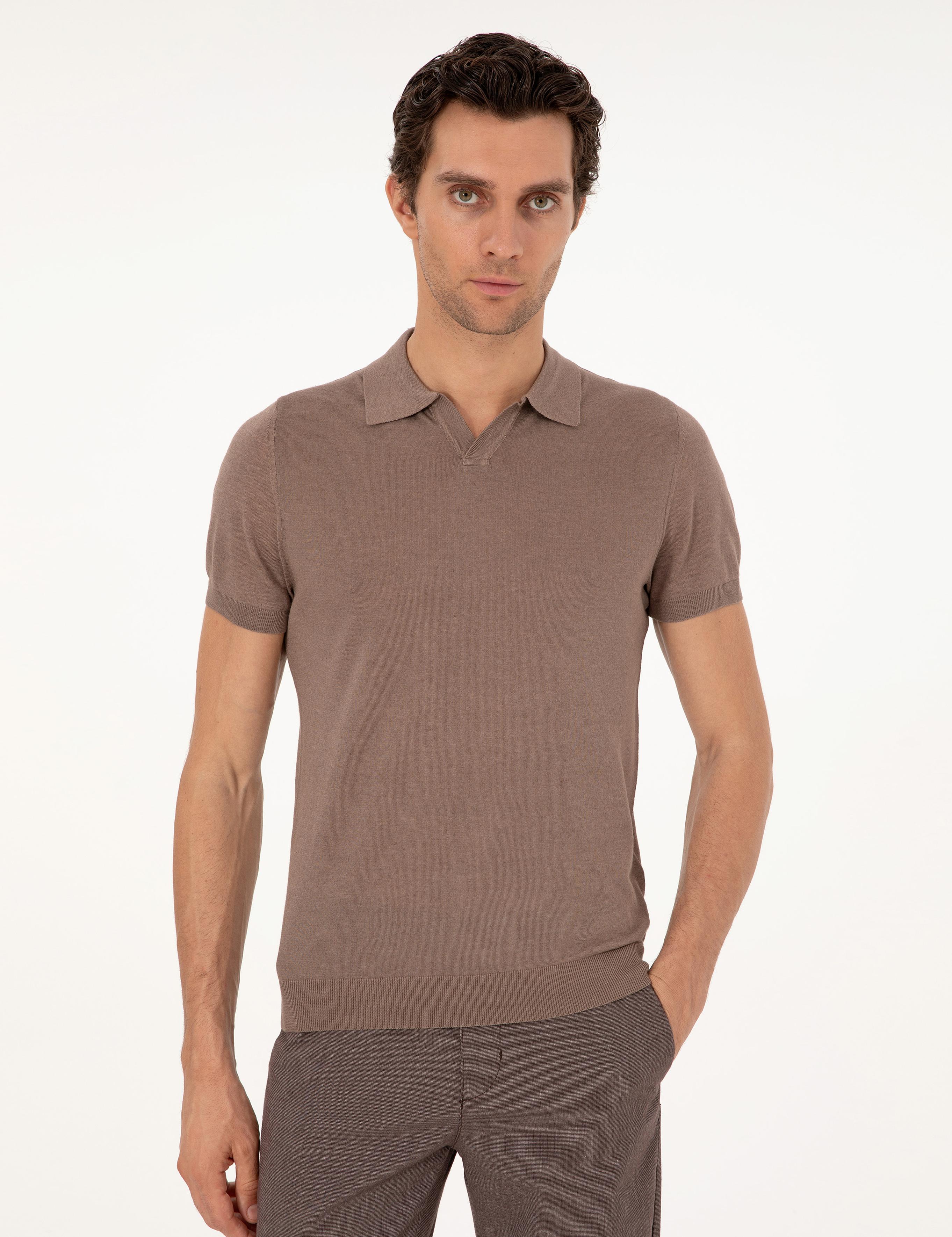 Vizon Slim Fit Keten Karışımlı Apaş Yaka Triko T-shirt - 50303284009