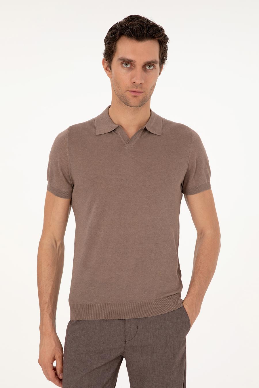 Vizon Slim Fit Keten Karışımlı Apaş Yaka Triko T-shirt - 50303284009