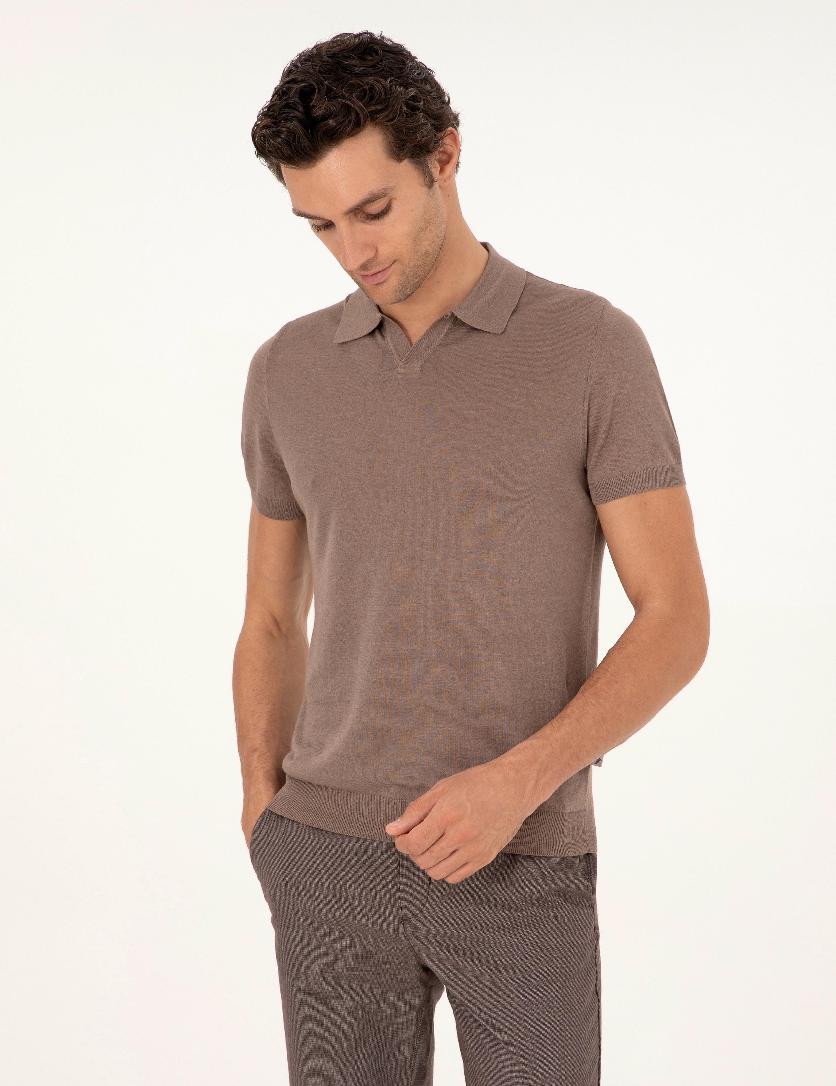 Vizon Slim Fit Keten Karışımlı Apaş Yaka Triko T-shirt - 50303284009