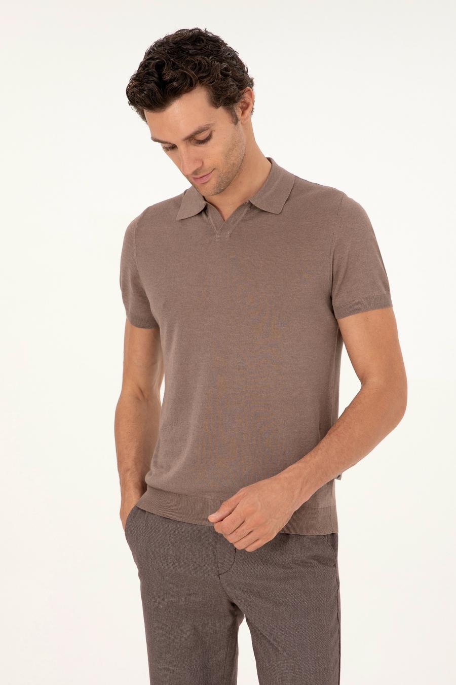 Vizon Slim Fit Keten Karışımlı Apaş Yaka Triko T-shirt - 50303284009