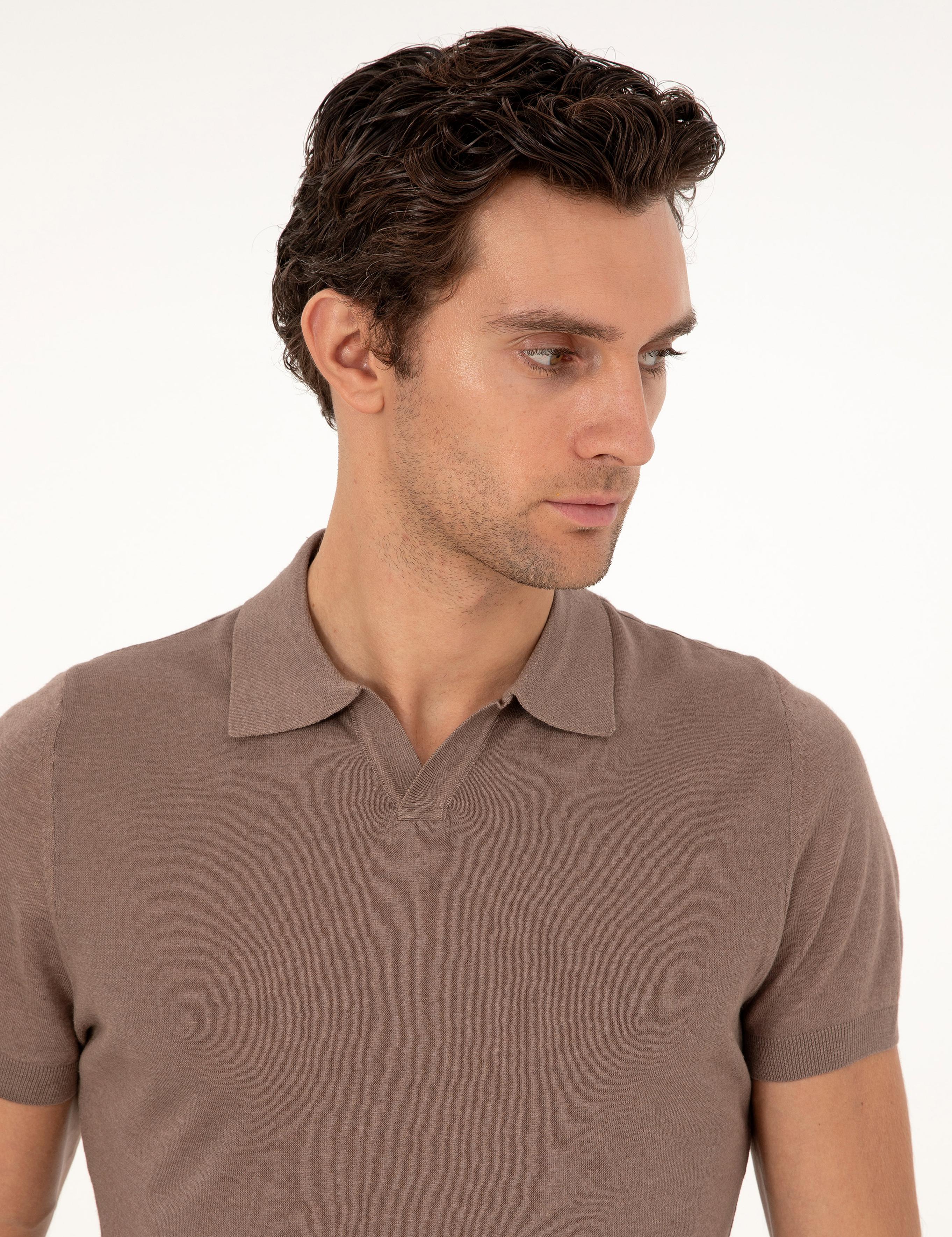 Vizon Slim Fit Keten Karışımlı Apaş Yaka Triko T-shirt - 50303284009