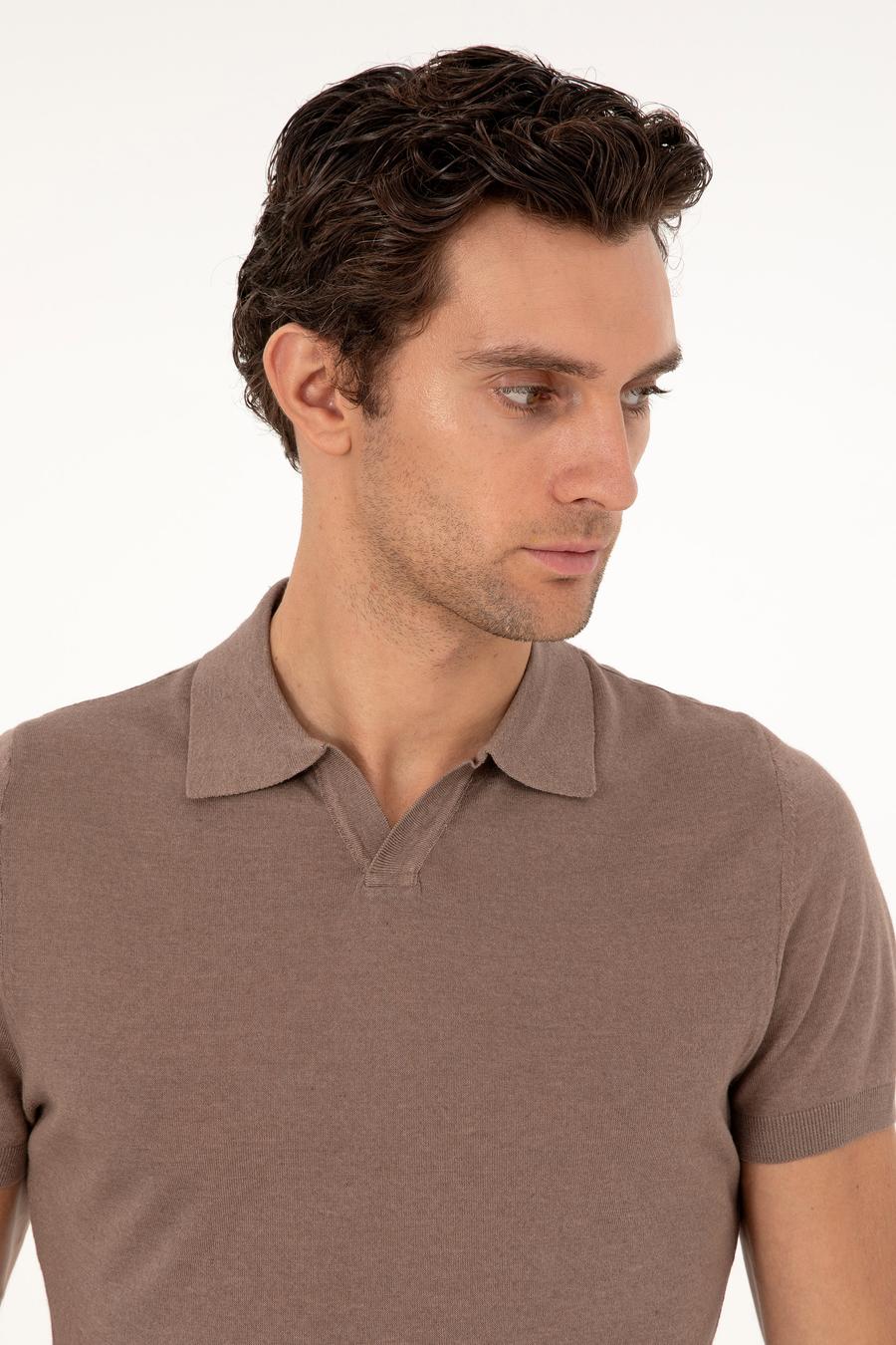Vizon Slim Fit Keten Karışımlı Apaş Yaka Triko T-shirt - 50303284009