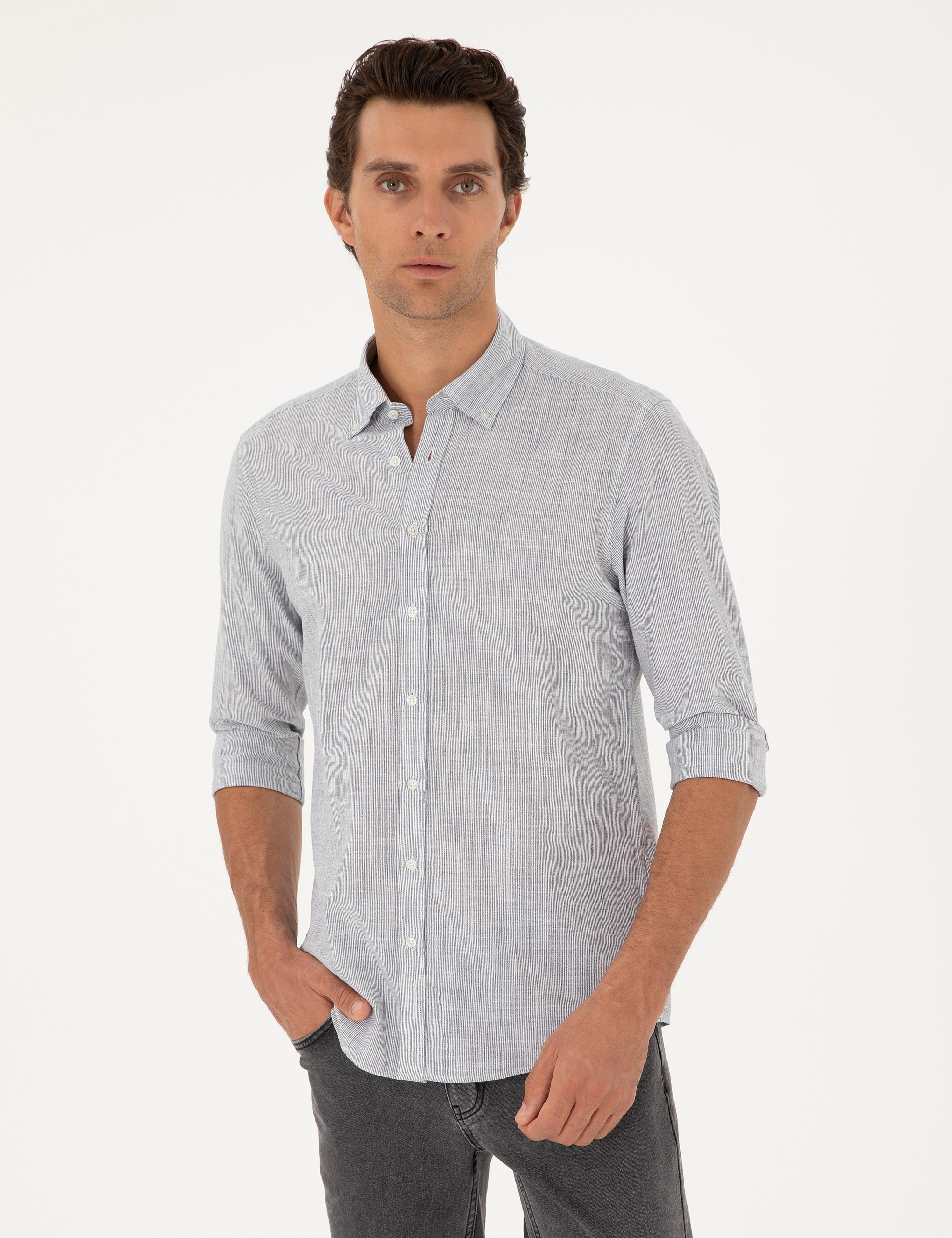 Saks Slim Fit %100 Pamuk Çizgili Gömlek - 50253923063