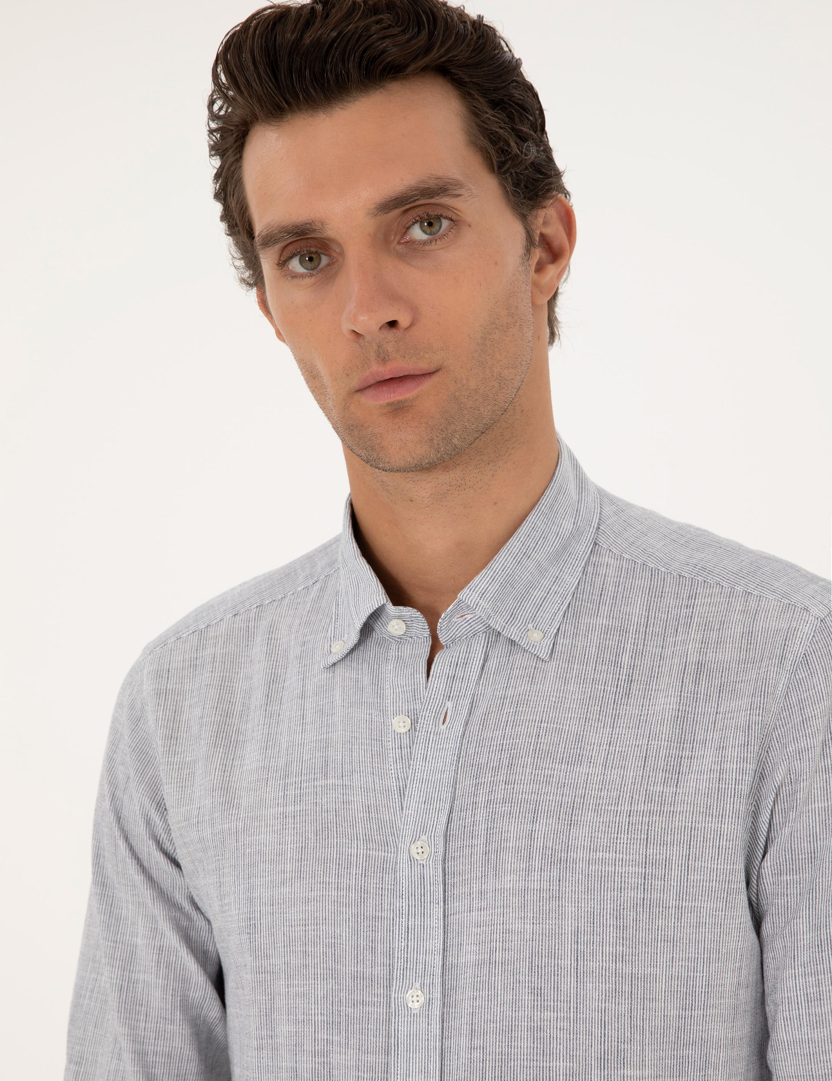 Saks Slim Fit %100 Pamuk Çizgili Gömlek - 50253923063