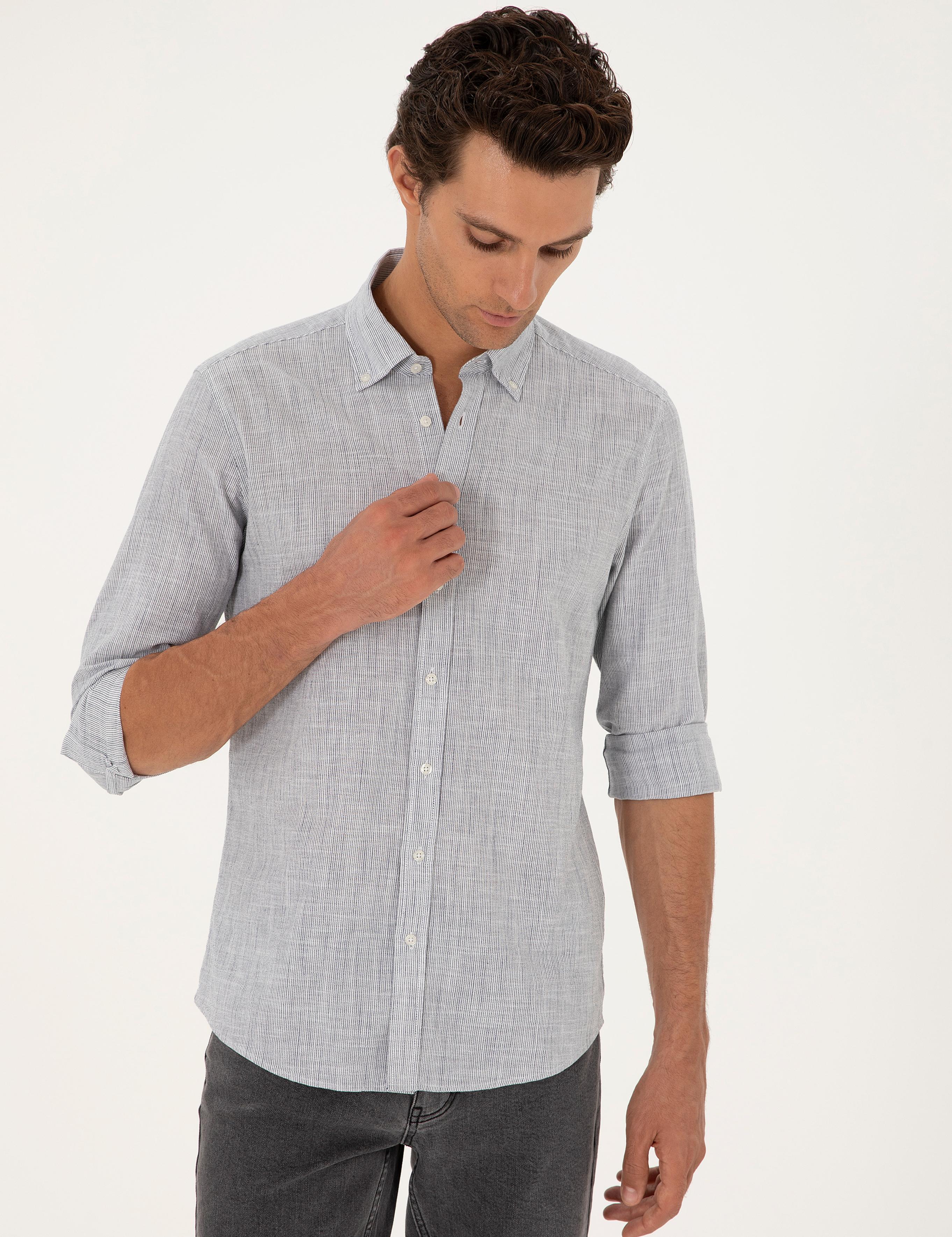 Saks Slim Fit %100 Pamuk Çizgili Gömlek - 50253923063