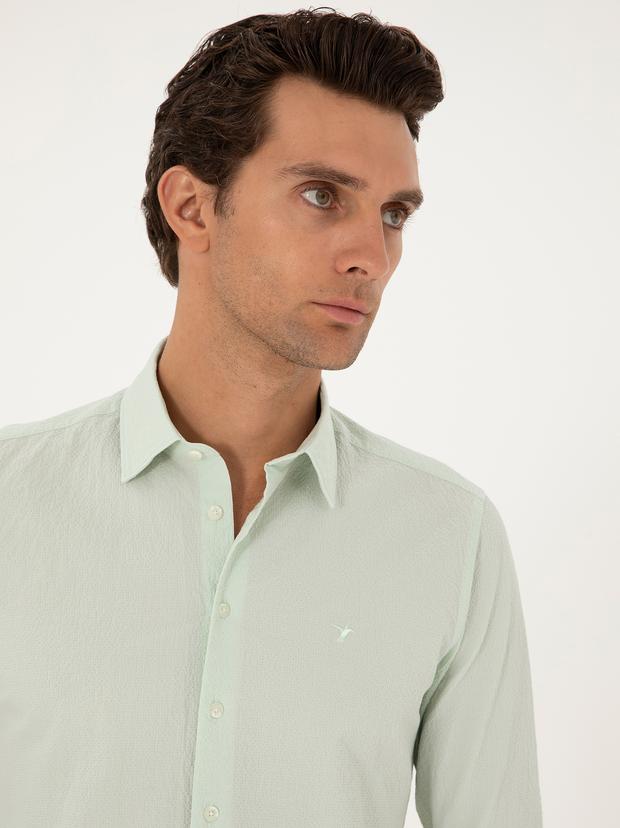 Mint Slim Fit Pamuk Karışımlı Gofreli Gömlek