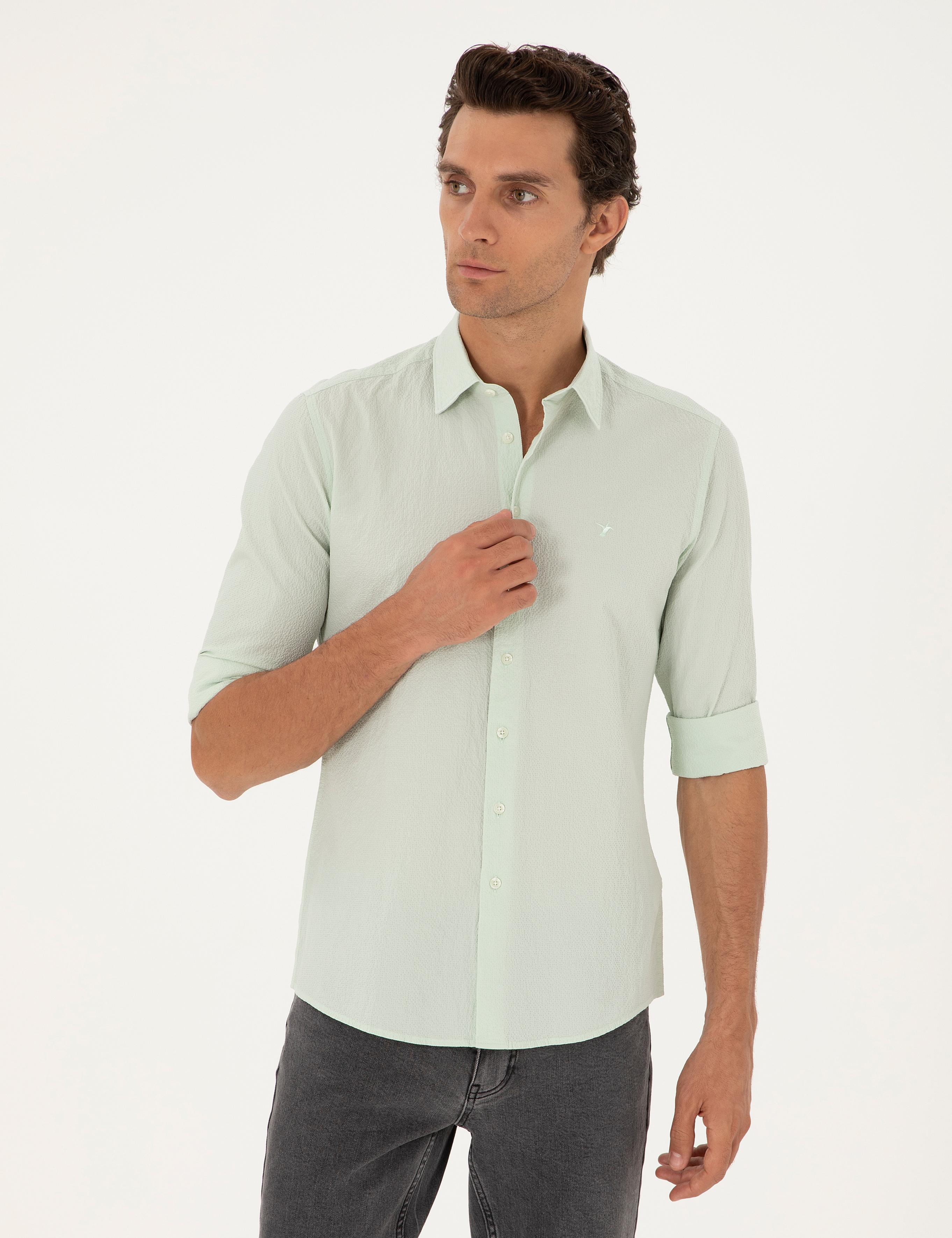 Mint Slim Fit Pamuk Karışımlı Gofreli Gömlek - 50284423022