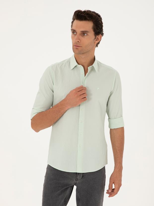 Mint Slim Fit Pamuk Karışımlı Gofreli Gömlek