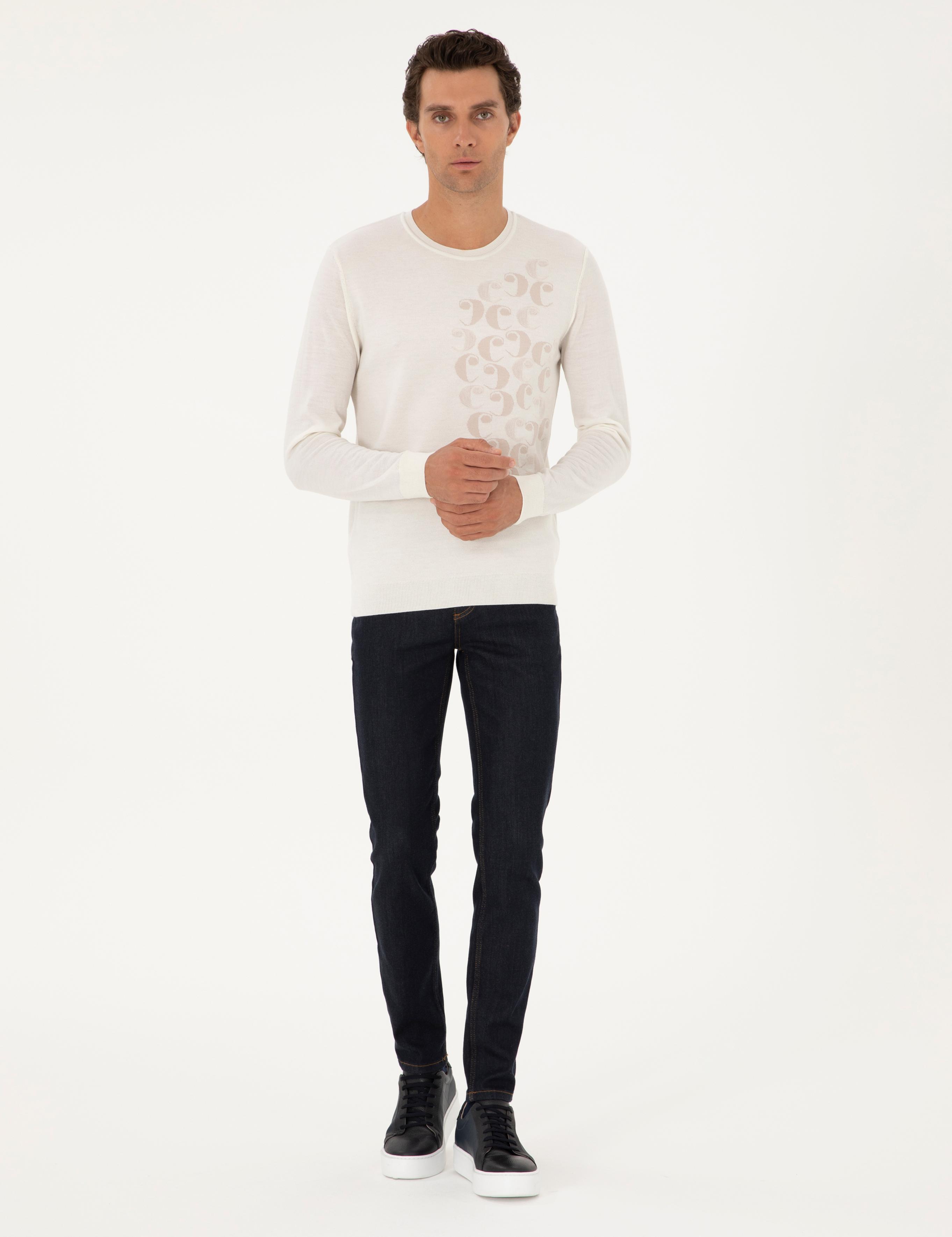 Beyaz Slim Fit %100 Yün Bisiklet Yaka Triko Kazak - 50291586037