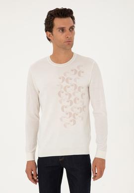 Beyaz Slim Fit %100 Yün Bisiklet Yaka Triko Kazak