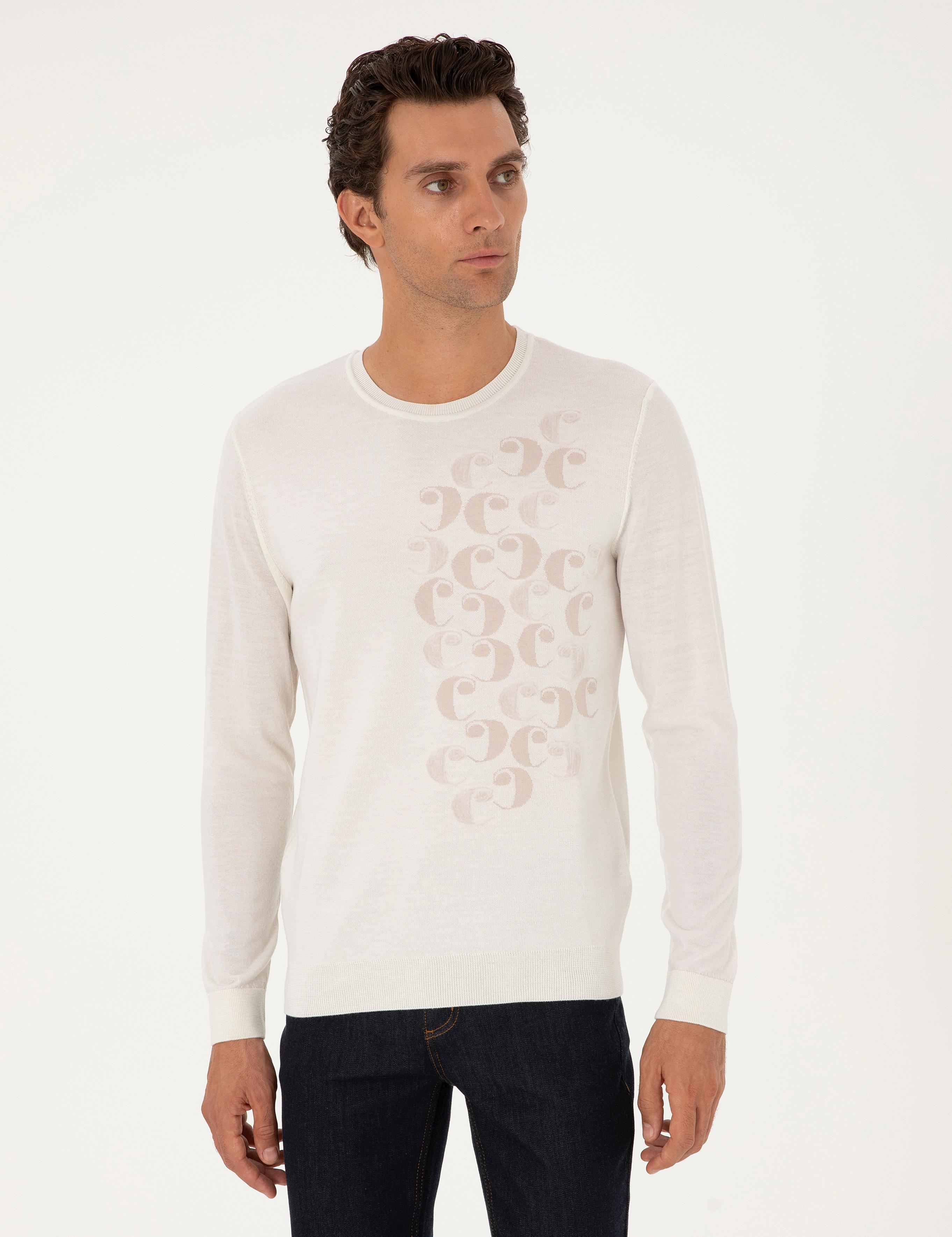 Beyaz Slim Fit %100 Yün Bisiklet Yaka Triko Kazak - 50291586037