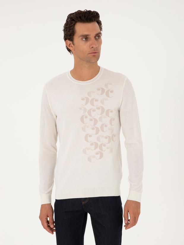 Beyaz Slim Fit %100 Yün Bisiklet Yaka Triko Kazak