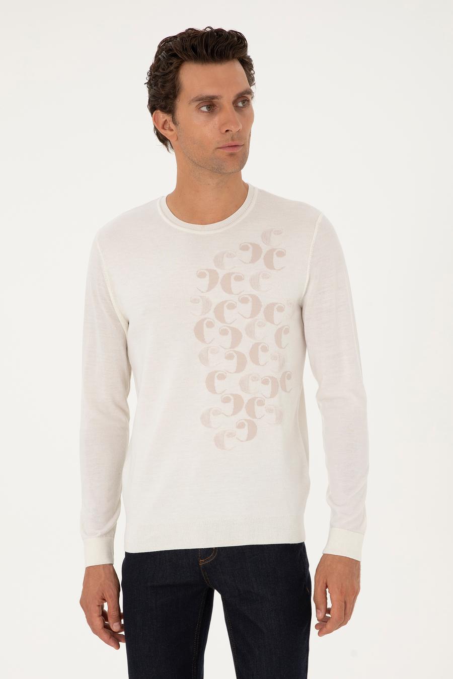 Beyaz Slim Fit %100 Yün Bisiklet Yaka Triko Kazak - 50291586037