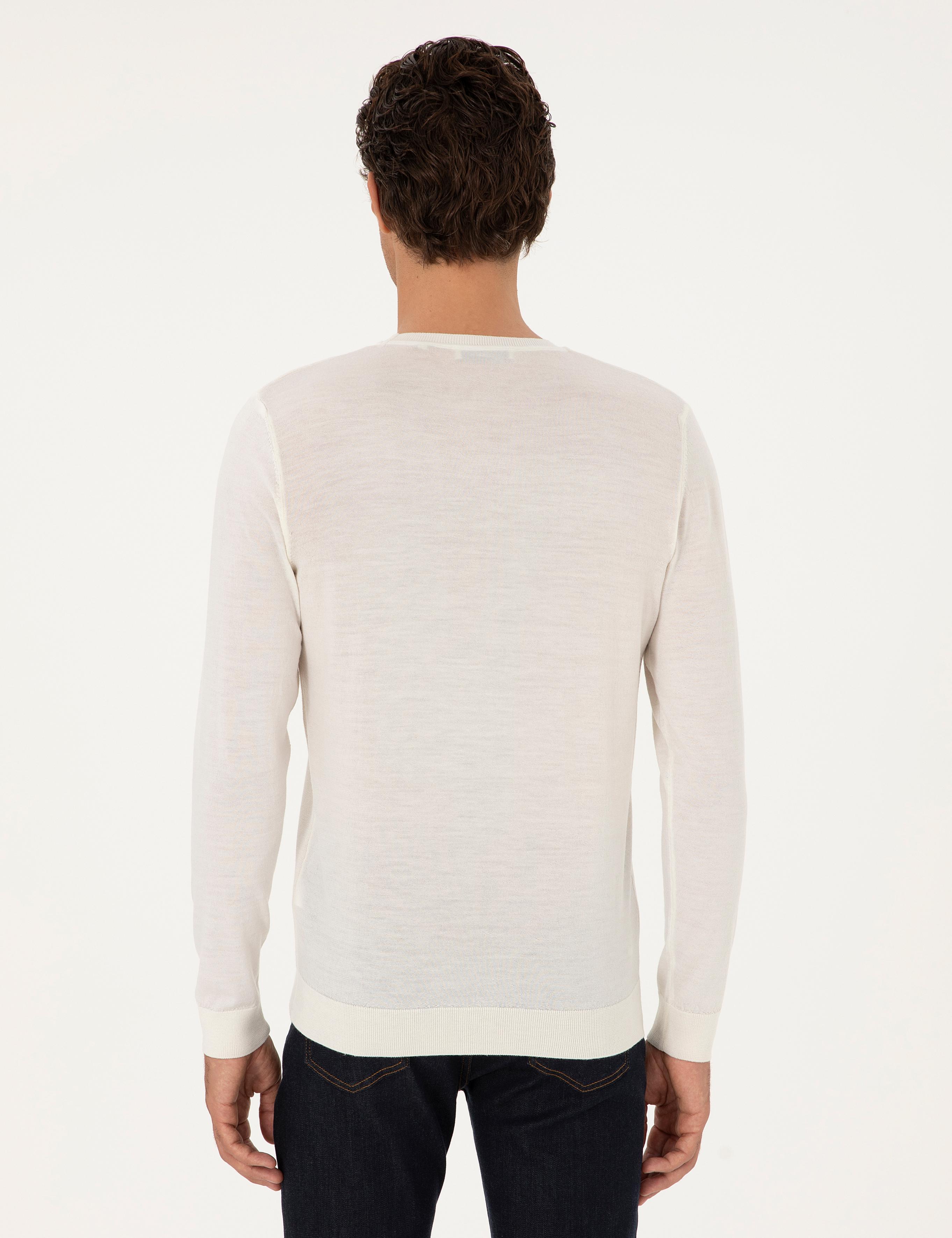 Beyaz Slim Fit %100 Yün Bisiklet Yaka Triko Kazak - 50291586037