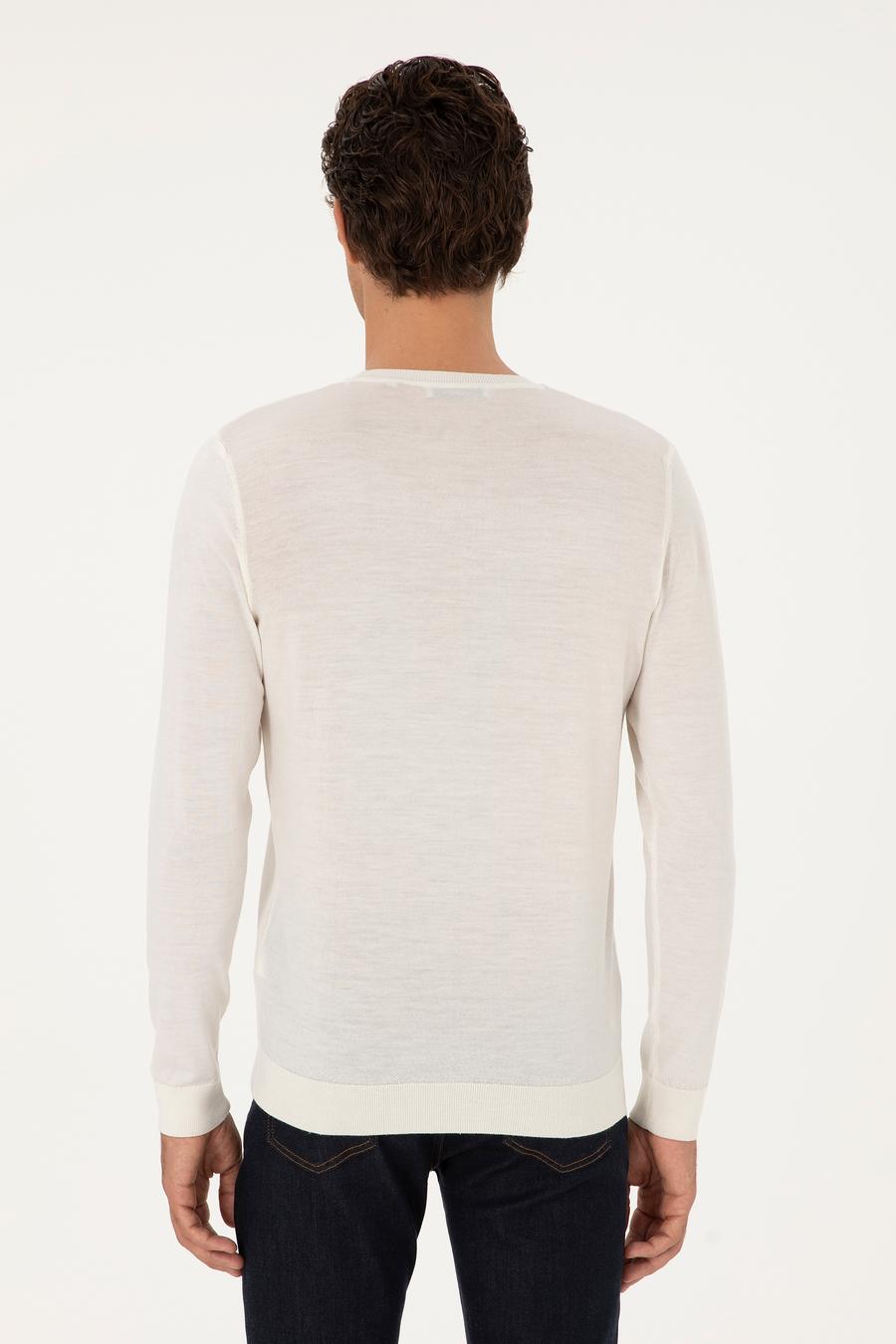 Beyaz Slim Fit %100 Yün Bisiklet Yaka Triko Kazak - 50291586037