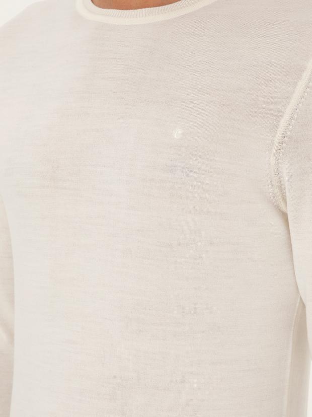 Beyaz Slim Fit Yün Karışımlı Bisiklet Yaka Basic Triko Kazak