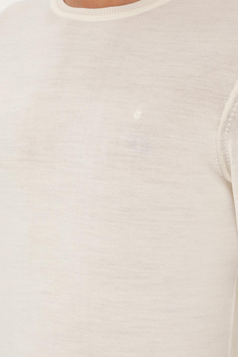 Beyaz Slim Fit Yün Karışımlı Bisiklet Yaka Basic Triko Kazak - 50293301018
