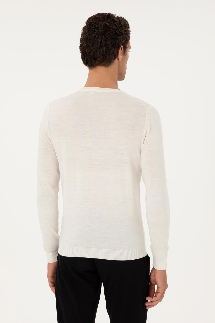 Beyaz Slim Fit Yün Karışımlı Bisiklet Yaka Basic Triko Kazak - 50293301018