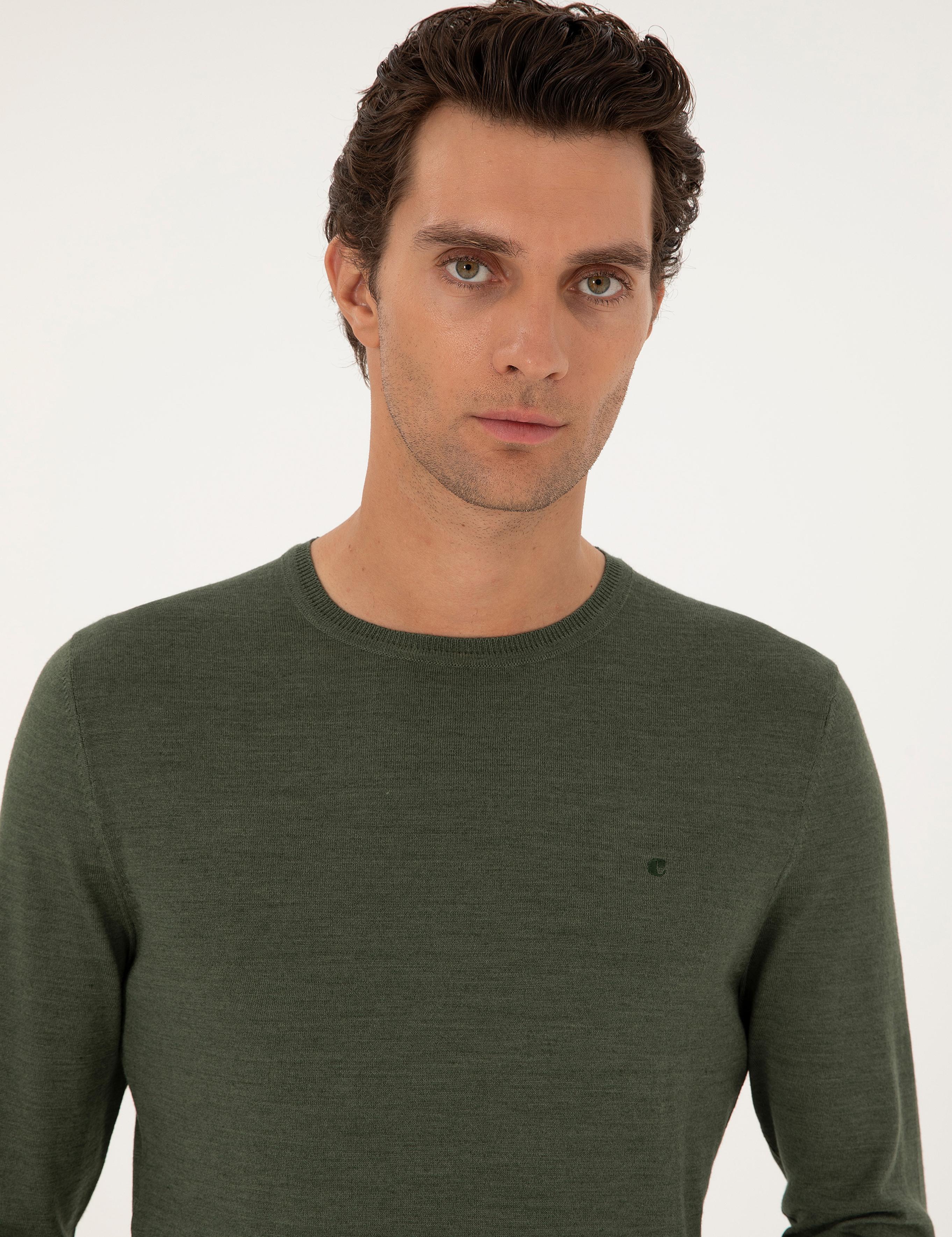 Haki Slim Fit Yün Karışımlı Bisiklet Yaka Basic Triko Kazak - 50293301045