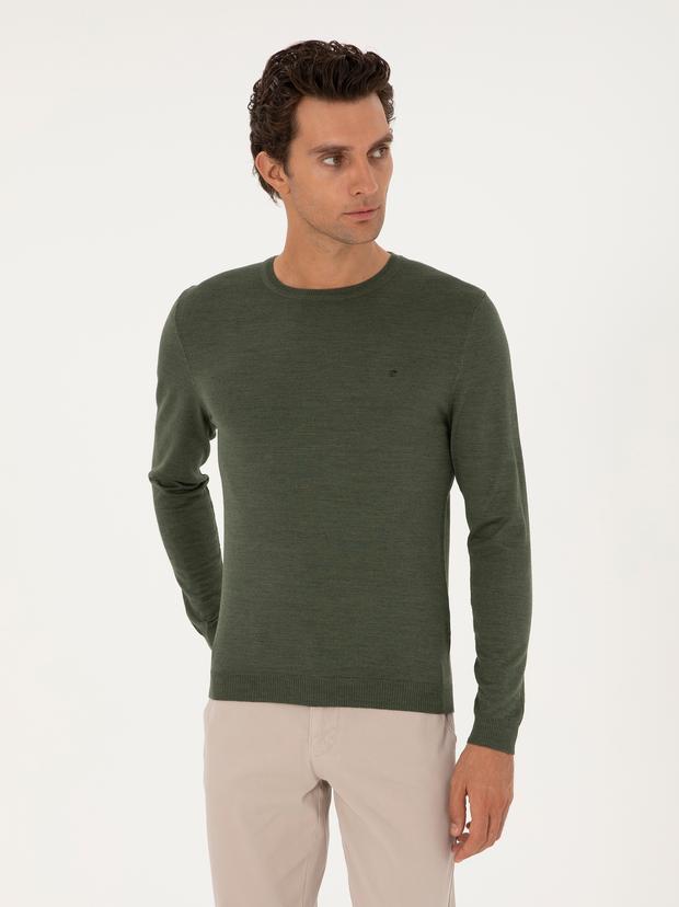 Haki Slim Fit Yün Karışımlı Bisiklet Yaka Basic Triko Kazak
