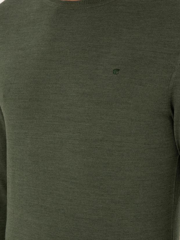 Haki Slim Fit Yün Karışımlı Bisiklet Yaka Basic Triko Kazak