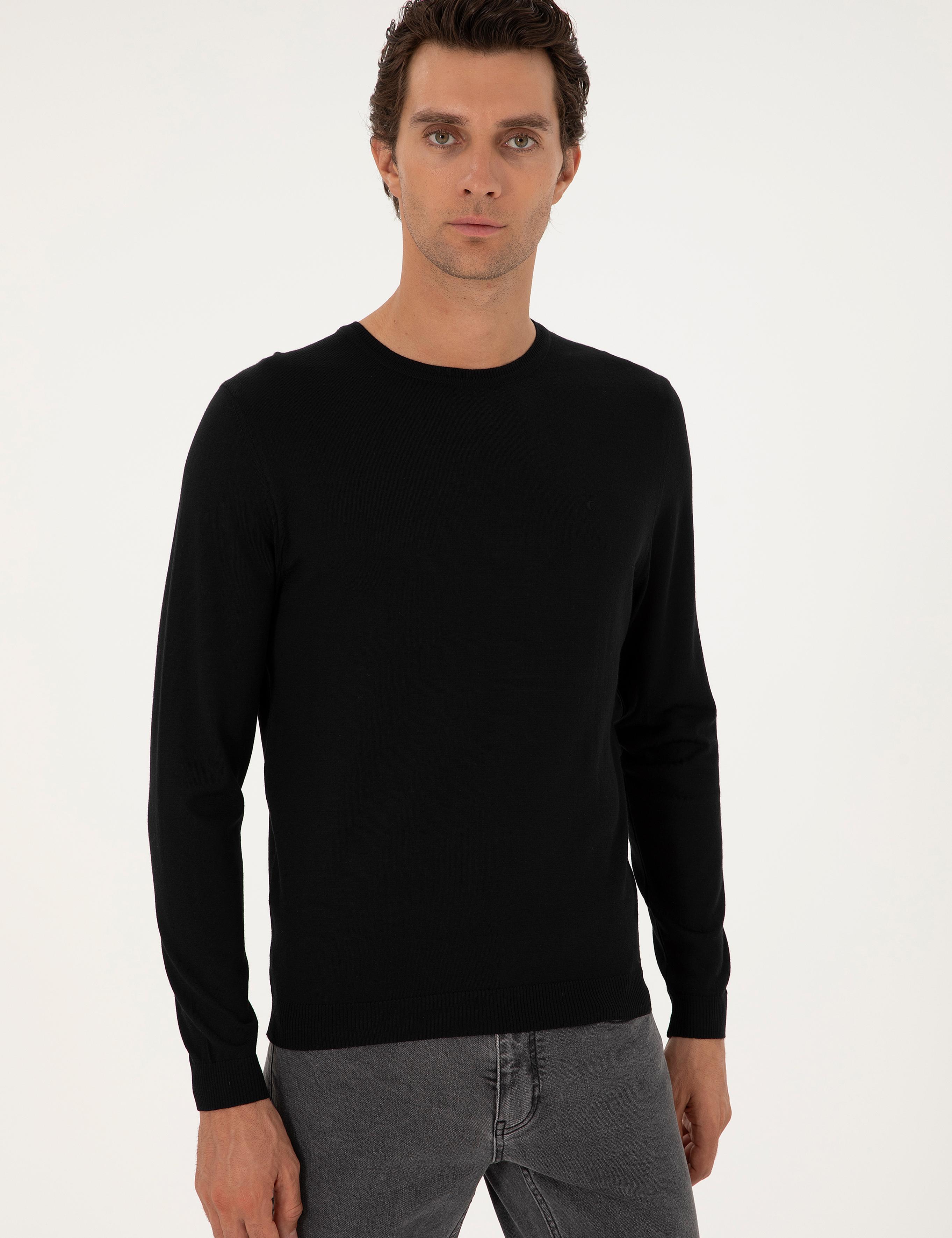 Siyah Slim Fit Yün Karışımlı Bisiklet Yaka Basic Triko Kazak - 50293301085