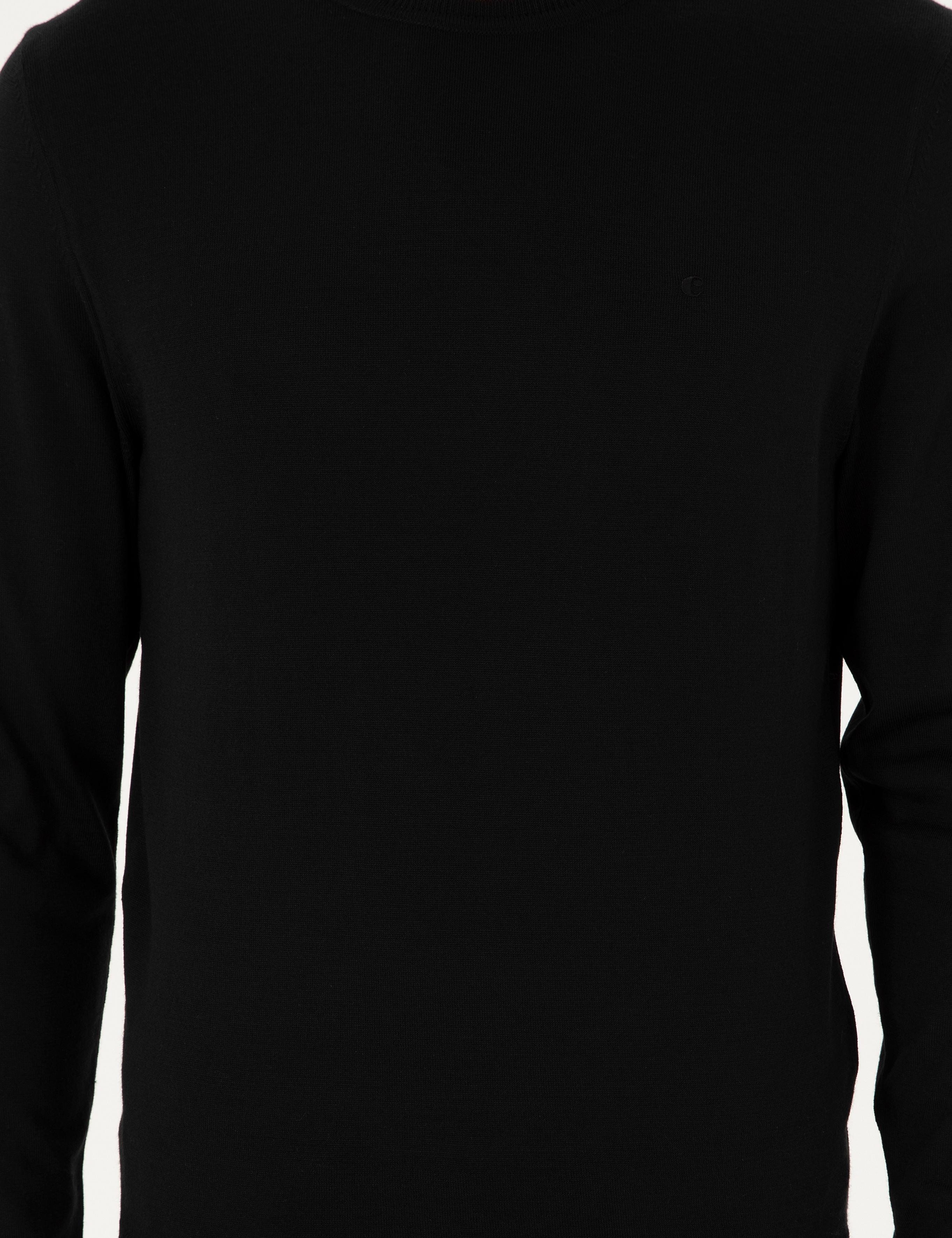 Siyah Slim Fit Yün Karışımlı Bisiklet Yaka Basic Triko Kazak - 50293301085