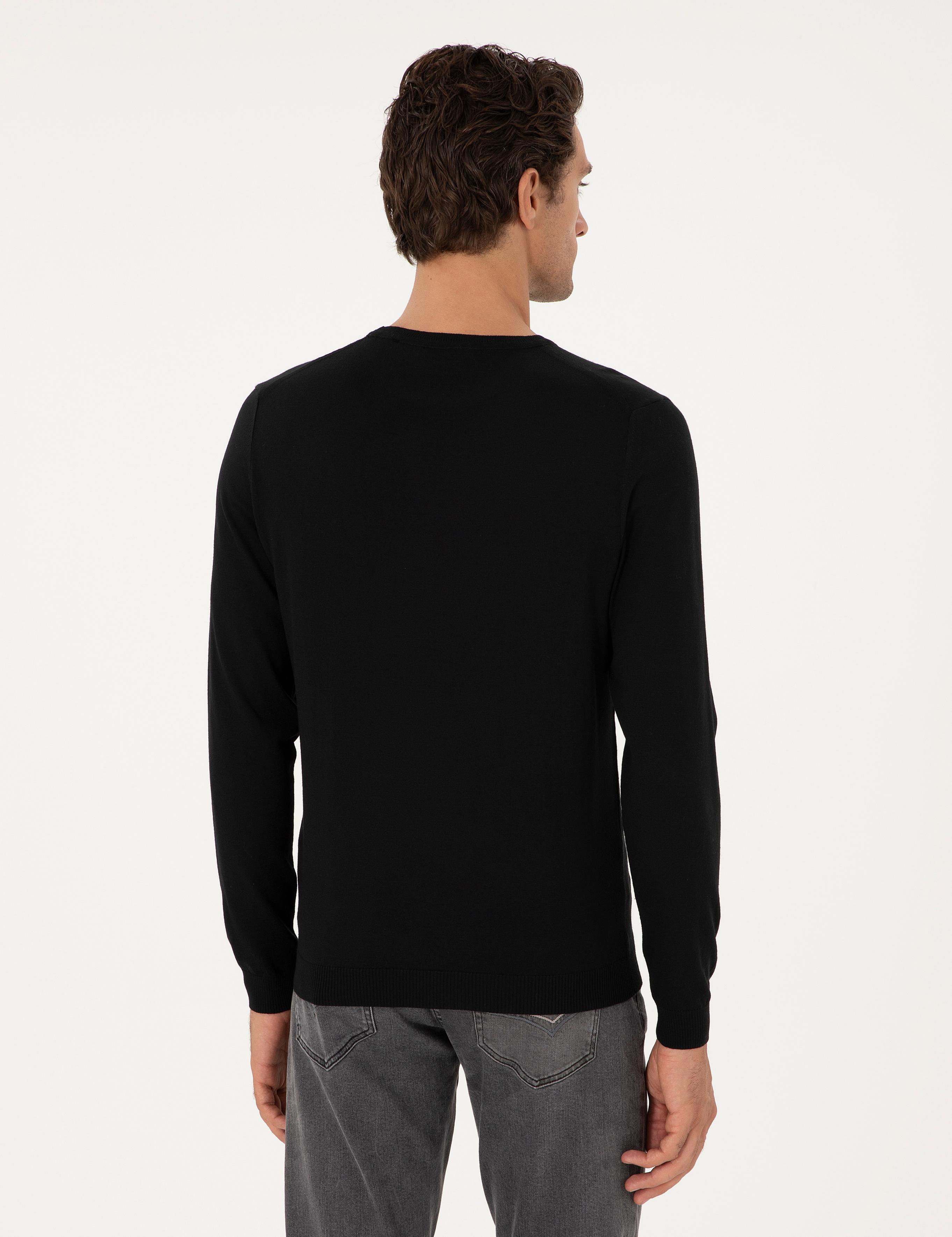 Siyah Slim Fit Yün Karışımlı Bisiklet Yaka Basic Triko Kazak - 50293301085