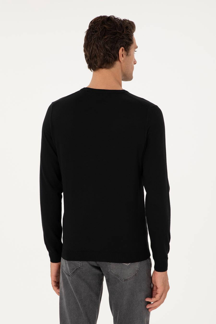 Siyah Slim Fit Yün Karışımlı Bisiklet Yaka Basic Triko Kazak - 50293301085