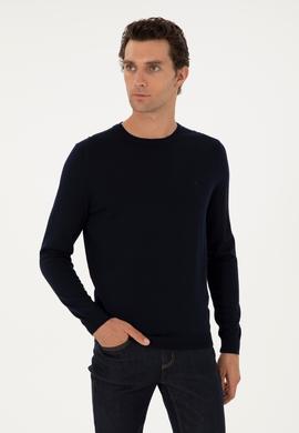 Lacivert Slim Fit Yün Karışımlı Bisiklet Yaka Basic Triko Kazak