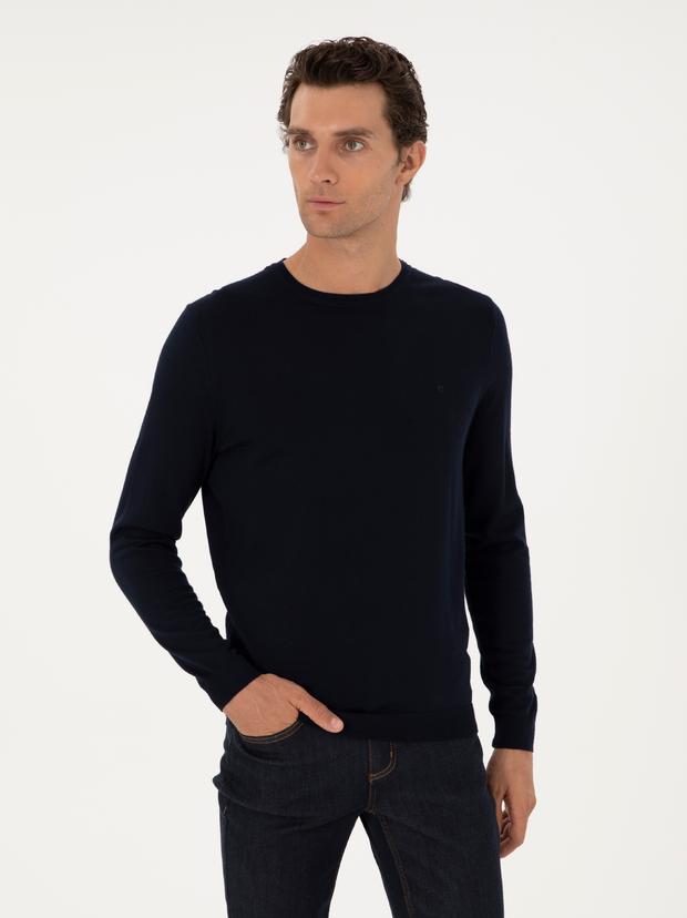Lacivert Slim Fit Yün Karışımlı Bisiklet Yaka Basic Triko Kazak