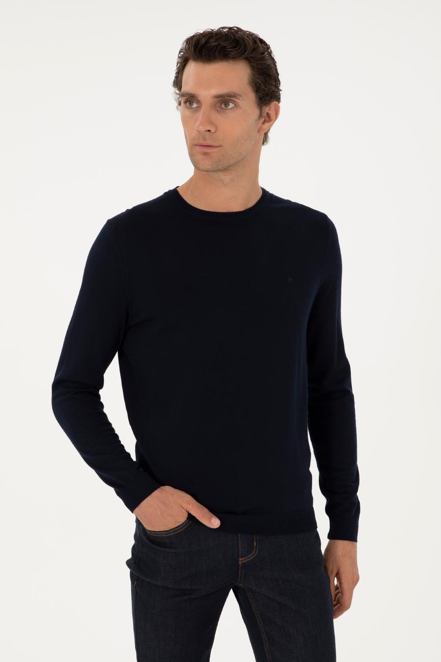 Lacivert Slim Fit Yün Karışımlı Bisiklet Yaka Basic Triko Kazak - 50293301061
