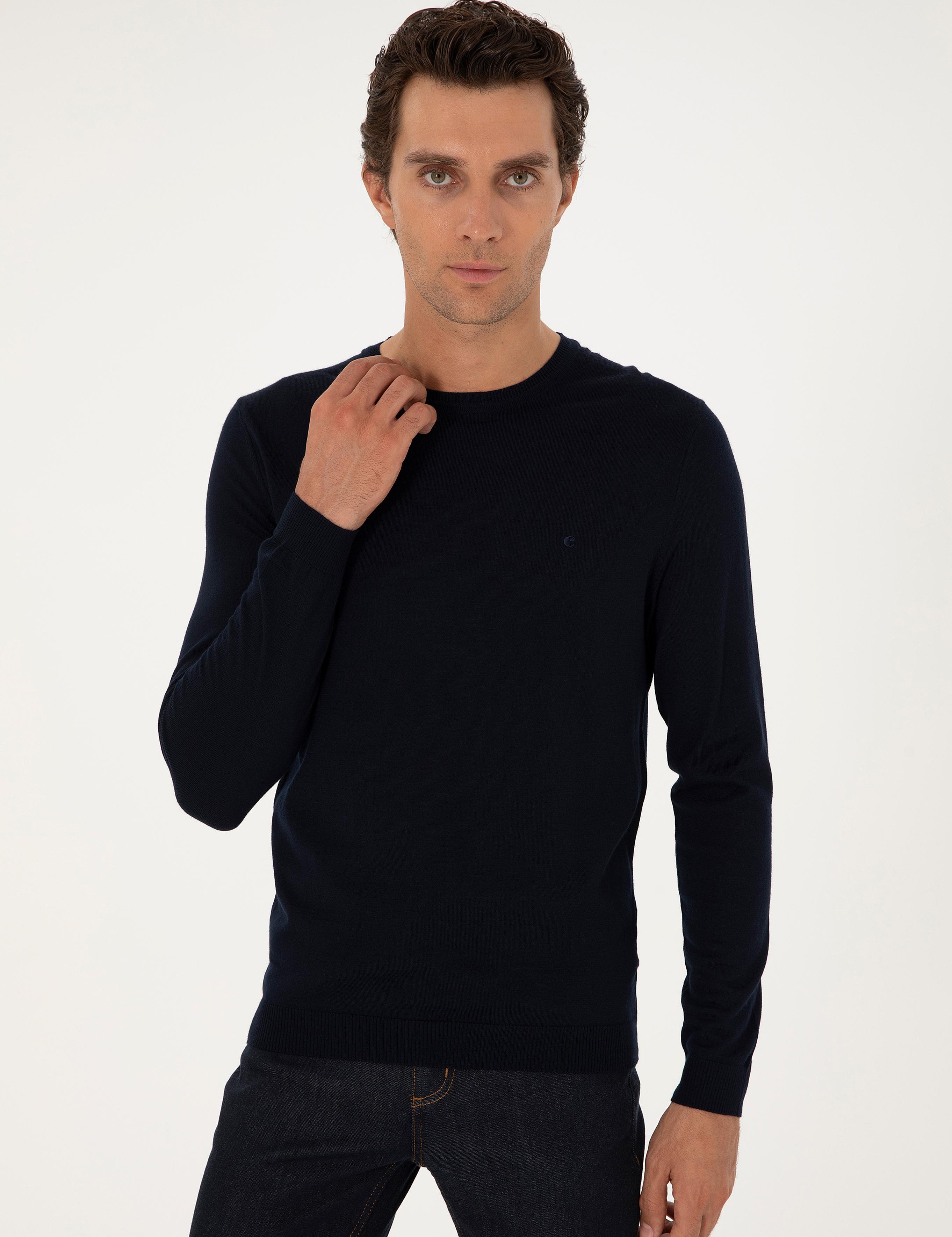 Lacivert Slim Fit Yün Karışımlı Bisiklet Yaka Basic Triko Kazak - 50293301061