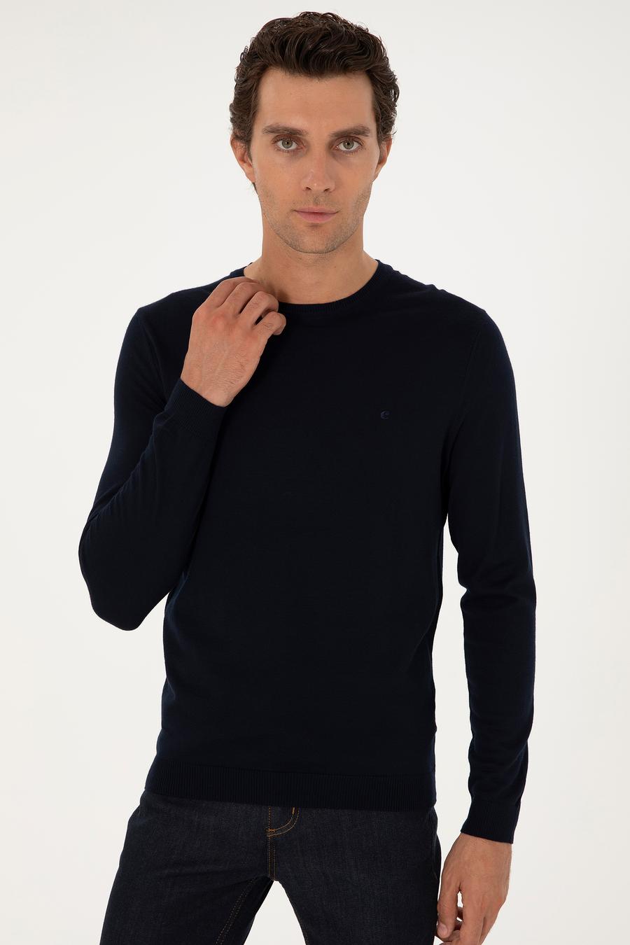 Lacivert Slim Fit Yün Karışımlı Bisiklet Yaka Basic Triko Kazak - 50293301061