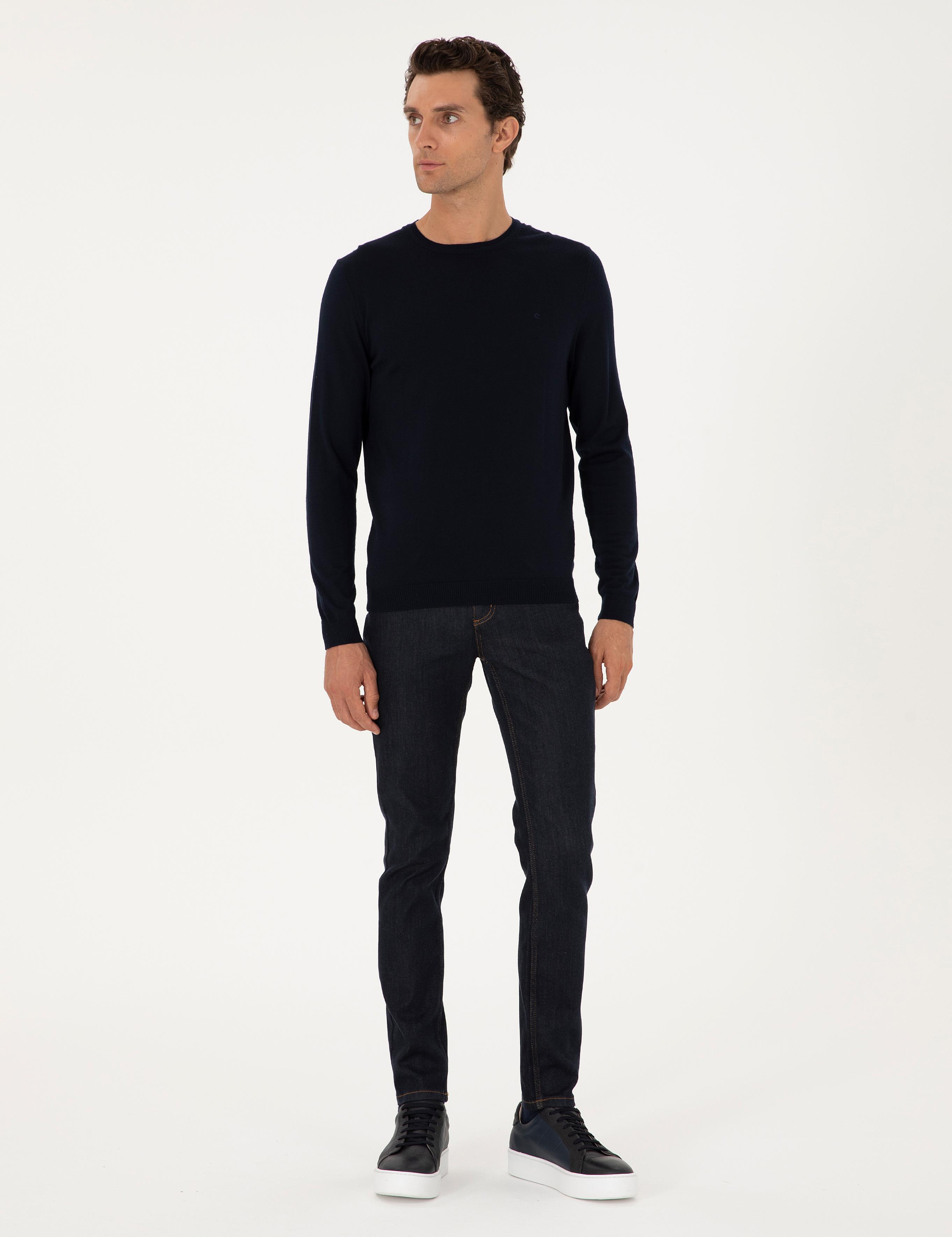 Lacivert Slim Fit Yün Karışımlı Bisiklet Yaka Basic Triko Kazak - 50293301061