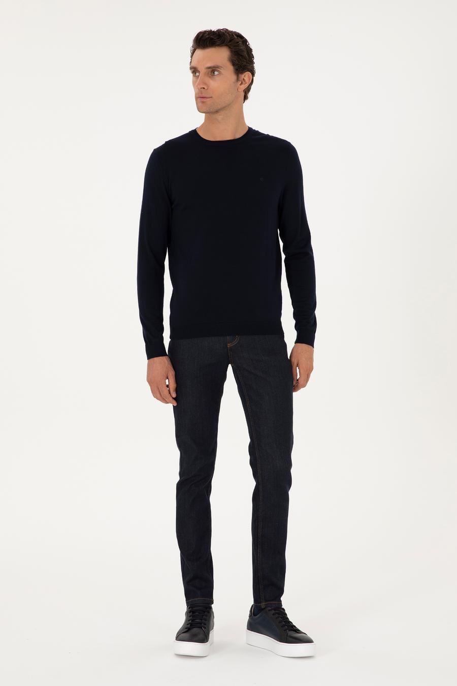 Lacivert Slim Fit Yün Karışımlı Bisiklet Yaka Basic Triko Kazak - 50293301061