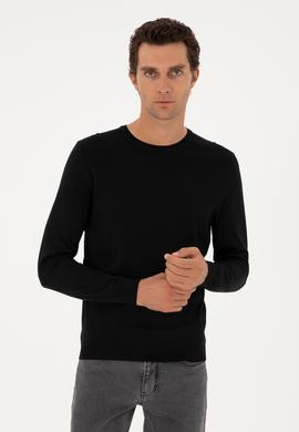 Siyah Slim Fit Yün Karışımlı Bisiklet Yaka Basic Triko Kazak
