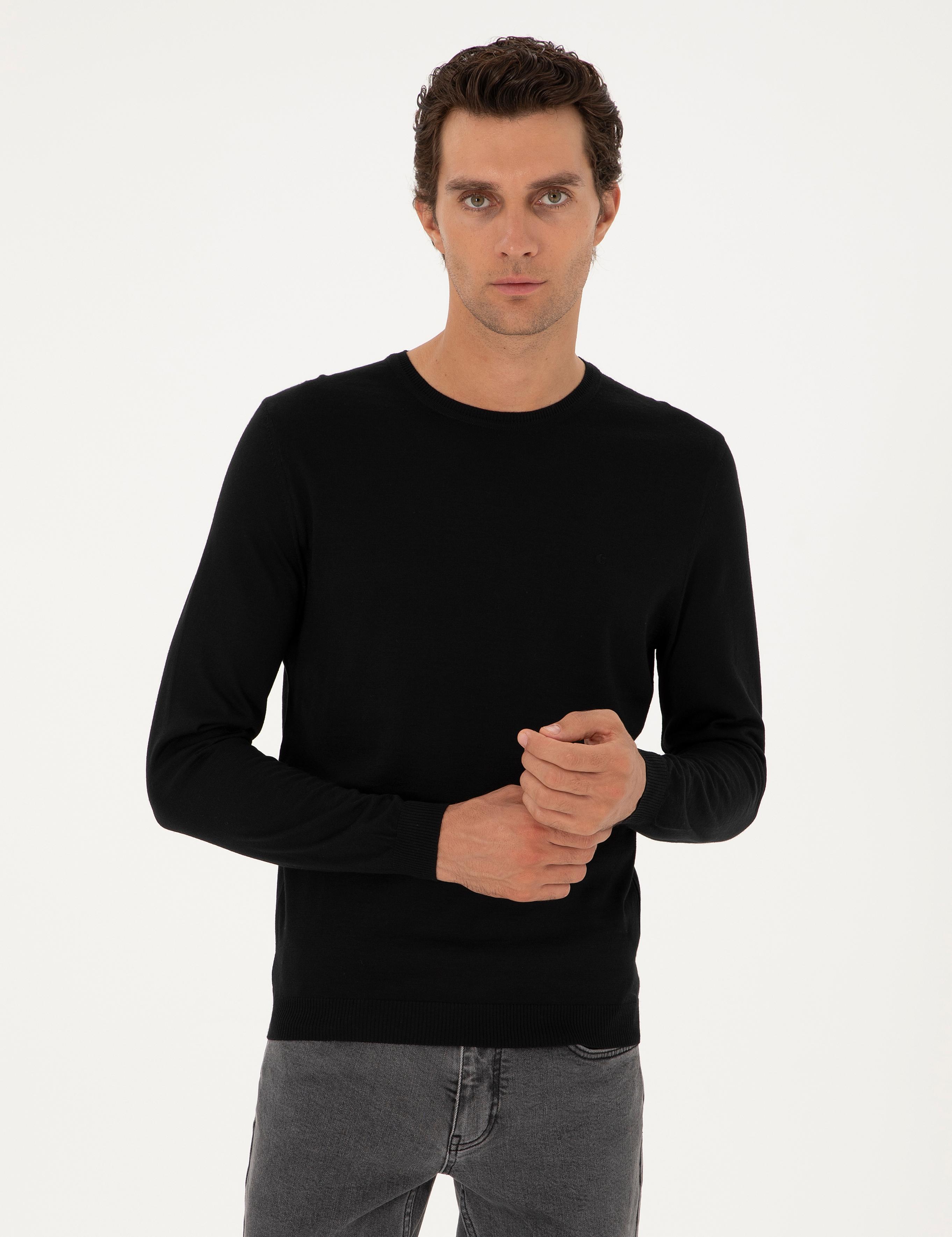 Siyah Slim Fit Yün Karışımlı Bisiklet Yaka Basic Triko Kazak - 50293301085
