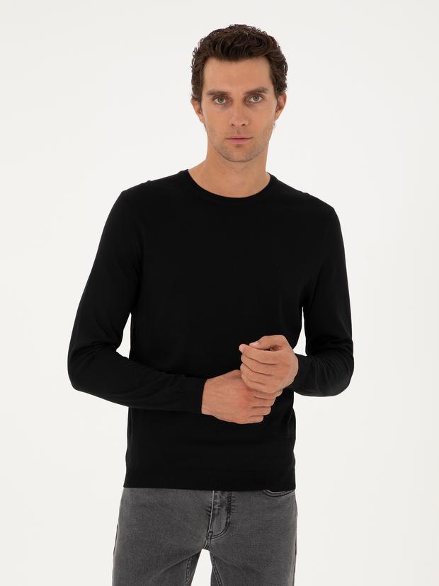 Siyah Slim Fit Yün Karışımlı Bisiklet Yaka Basic Triko Kazak