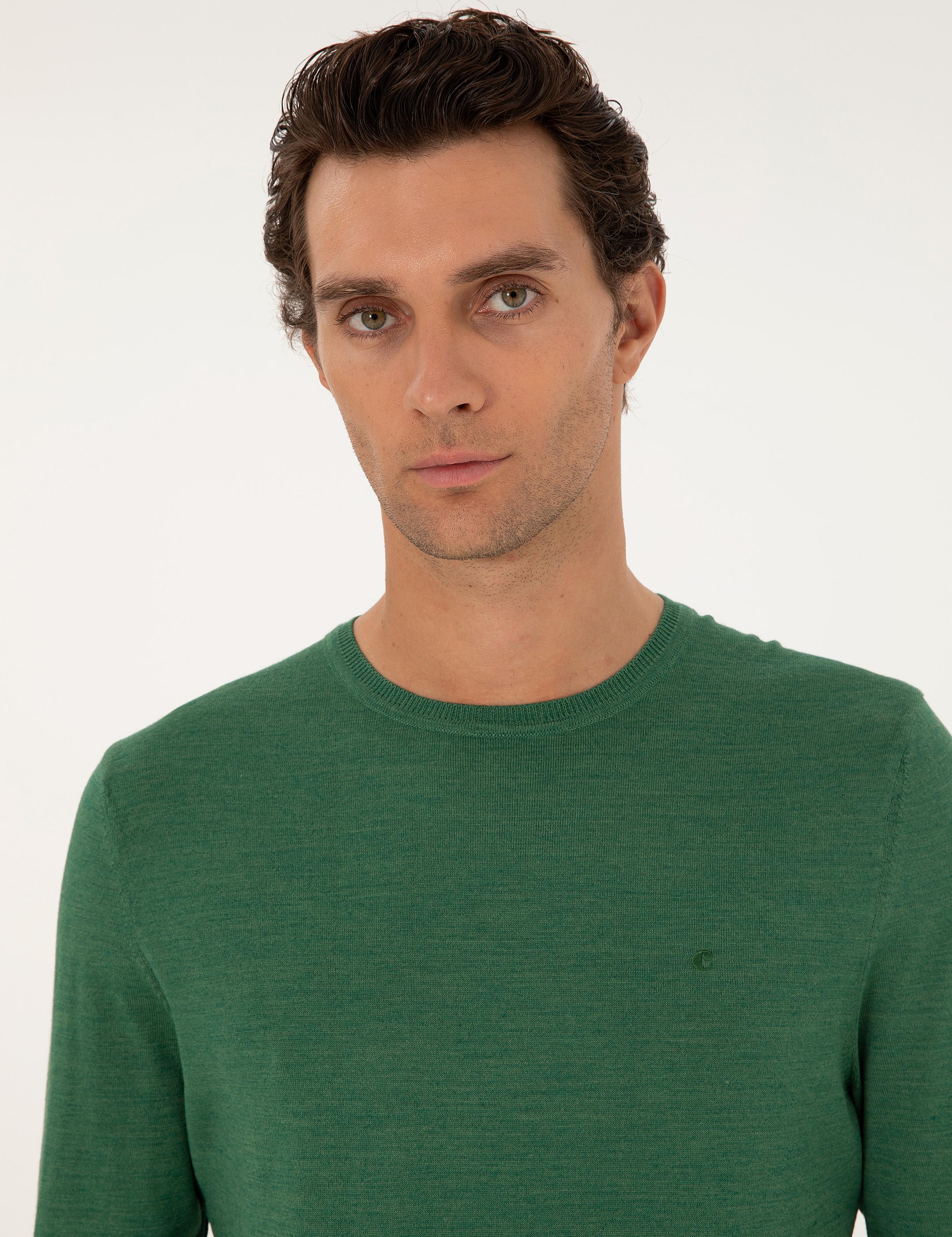 Açık Yeşil Slim Fit Yün Karışımlı Bisiklet Yaka Basic Triko Kazak - 50293301166