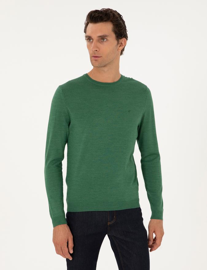 Açık Yeşil Slim Fit Yün Karışımlı Bisiklet Yaka Basic Triko Kazak