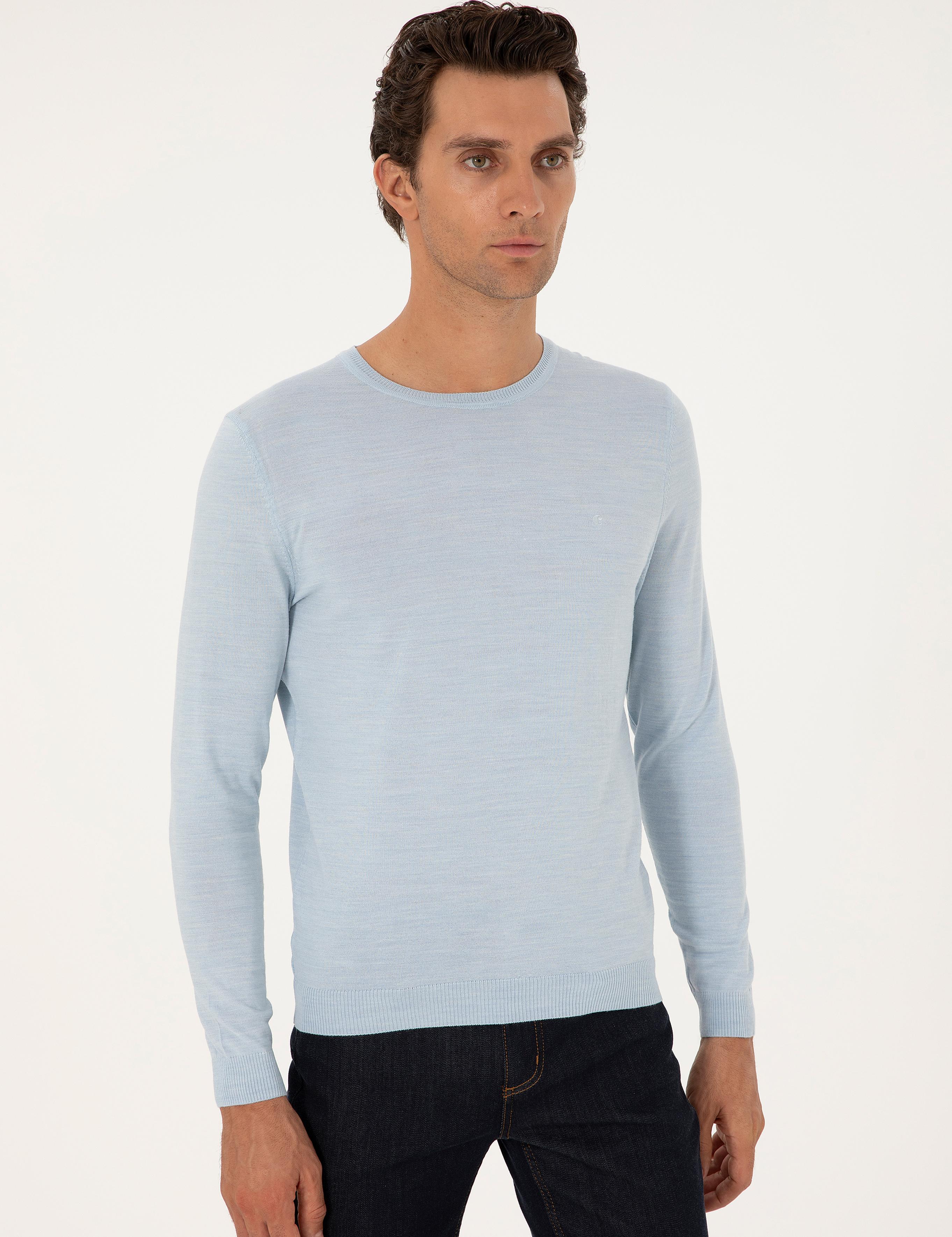 Açık Mavi Slim Fit Yün Karışımlı Bisiklet Yaka Basic Triko Kazak - 50293301010