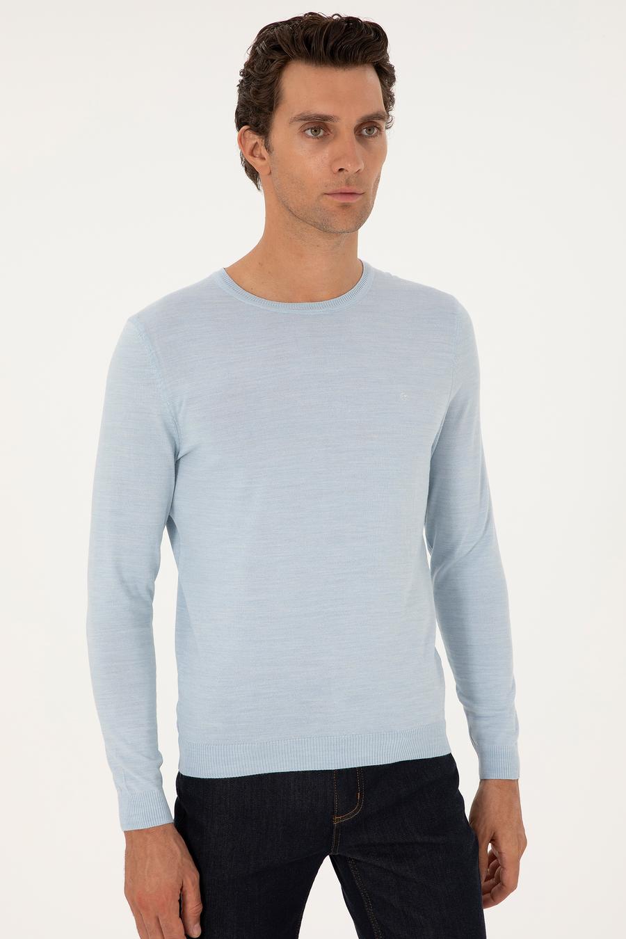Açık Mavi Slim Fit Yün Karışımlı Bisiklet Yaka Basic Triko Kazak - 50293301010