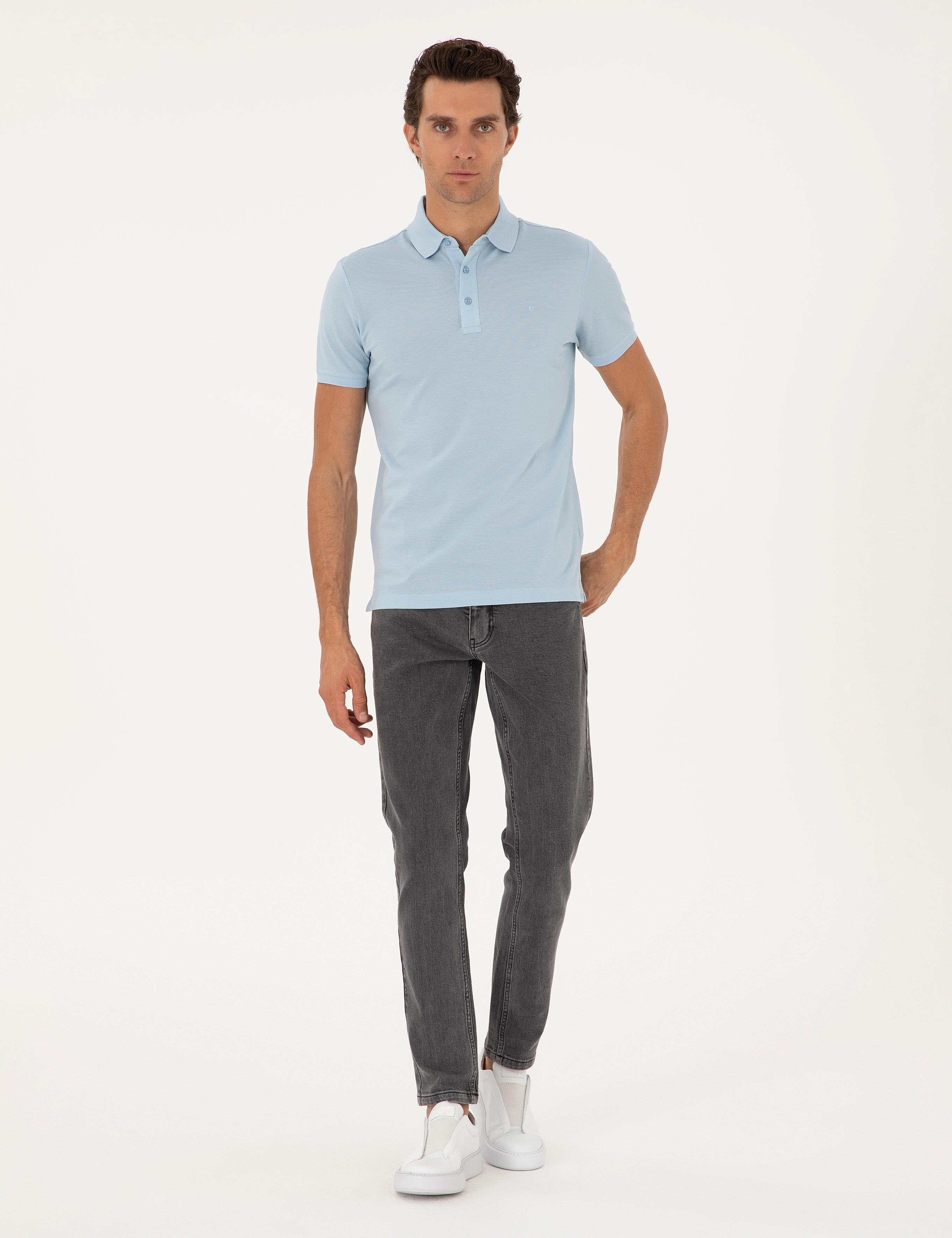 Açık Mavi Slim Fit  %100 PamukPolo Yaka Merserize T-shirt - 50284769045