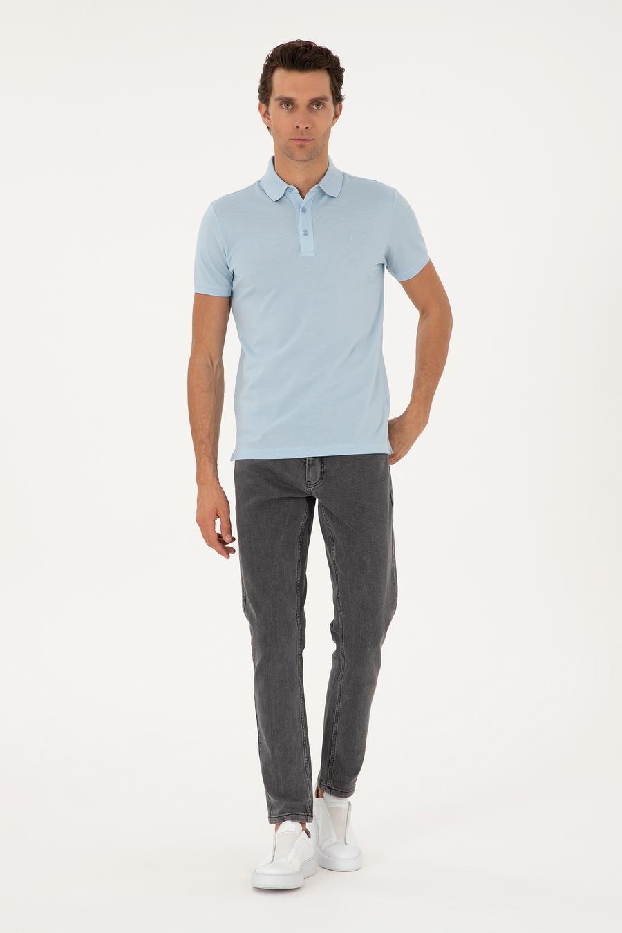Açık Mavi Slim Fit  %100 PamukPolo Yaka Merserize T-shirt - 50284769045