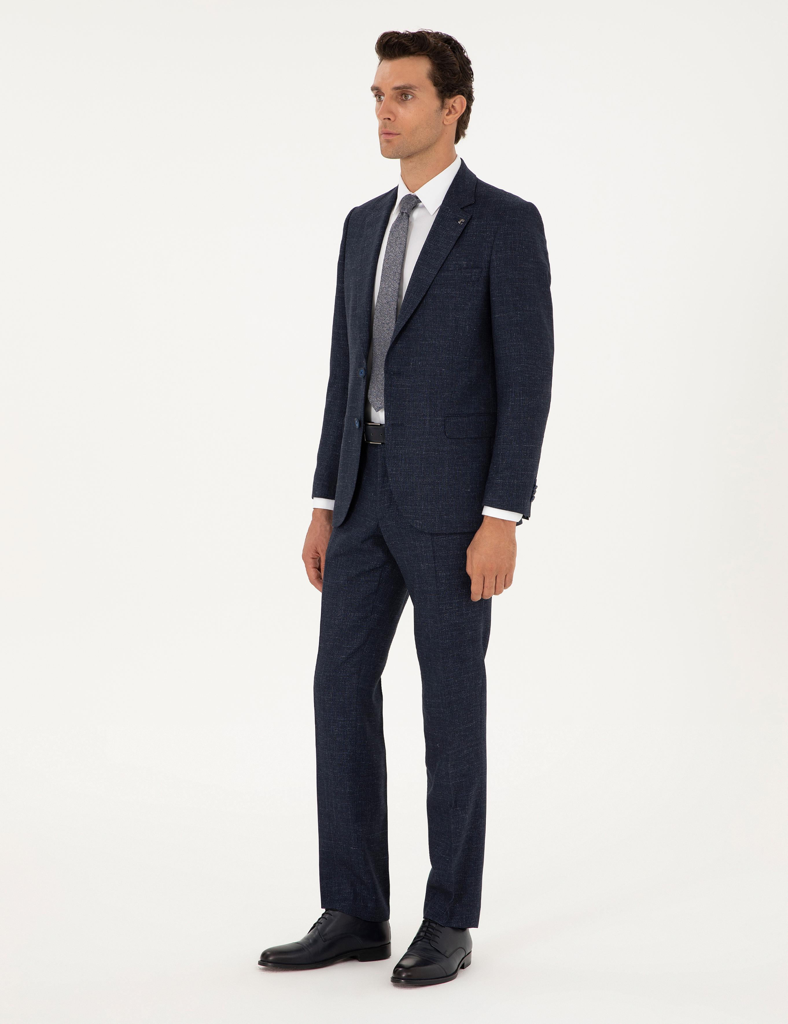 Lacivert Slim Fit Yün Keten Karışımlı Mikro Desenli Takım Elbise - 50296395011